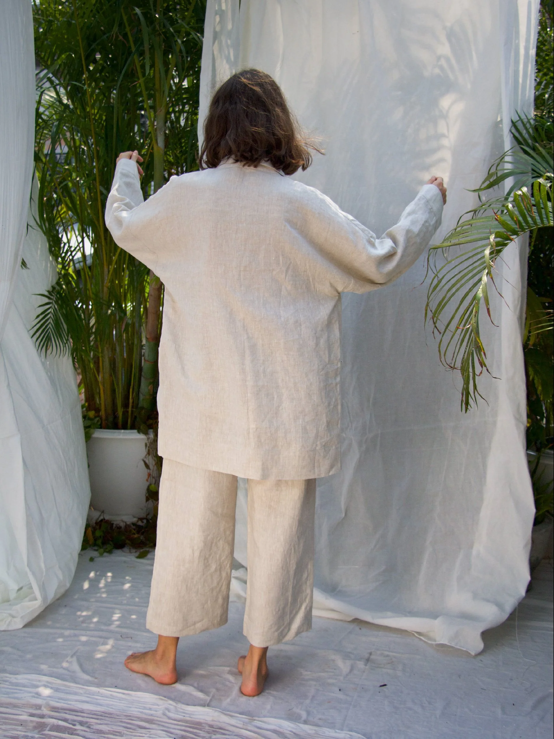 minimalist cardigan linen version back view