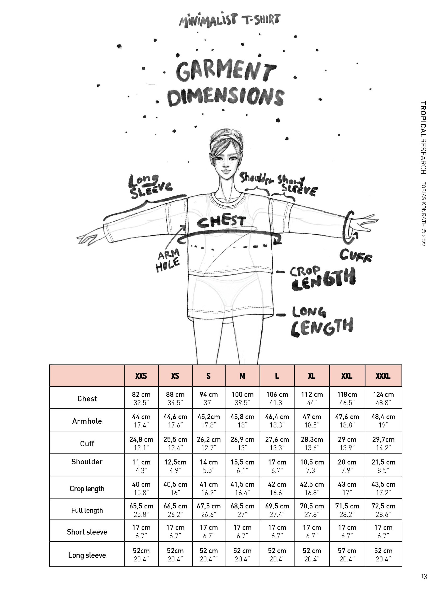 minimalist t-shirt illustration and garment dimensions table