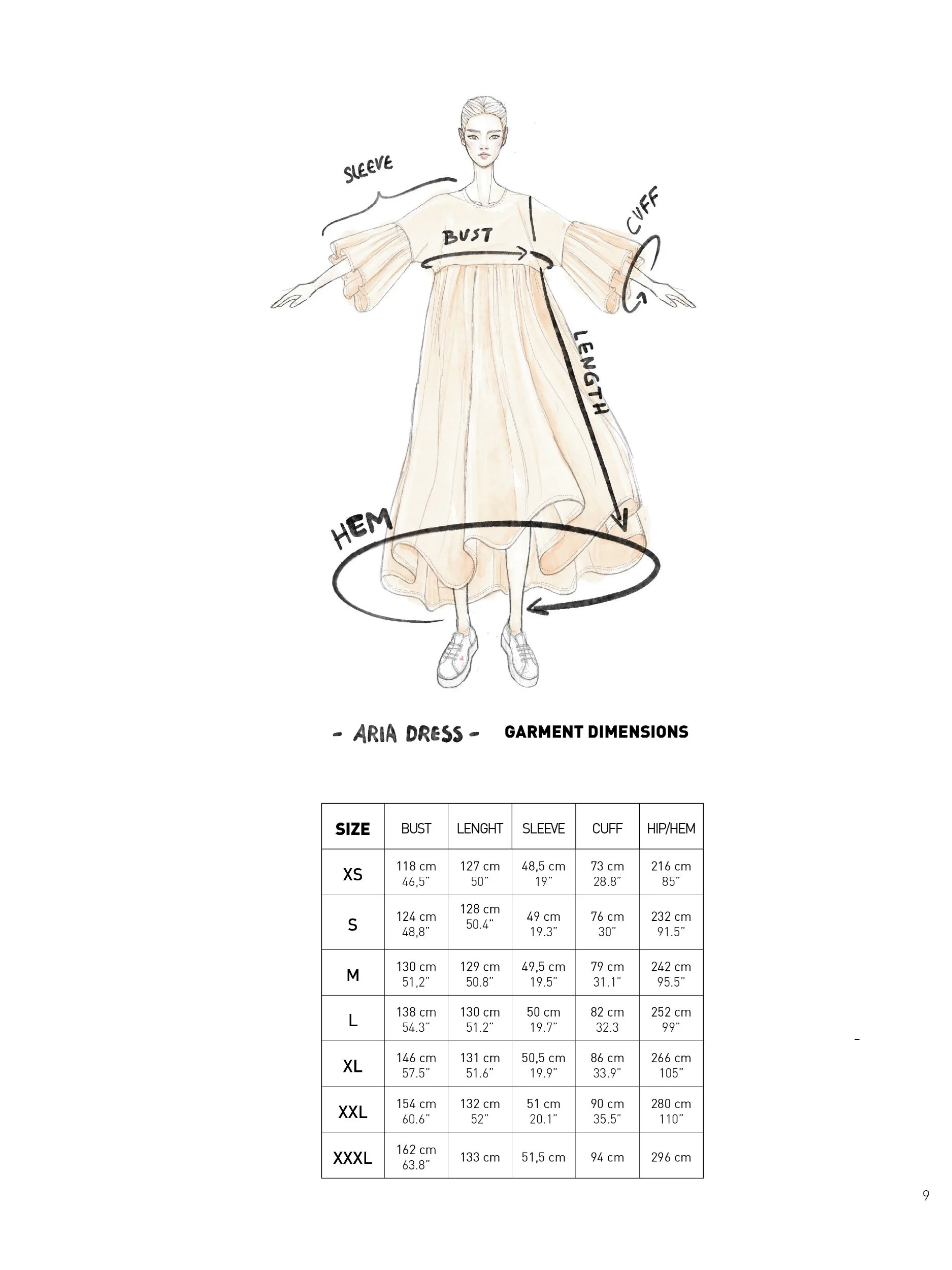 aria dress garment dimensions table and sketch
