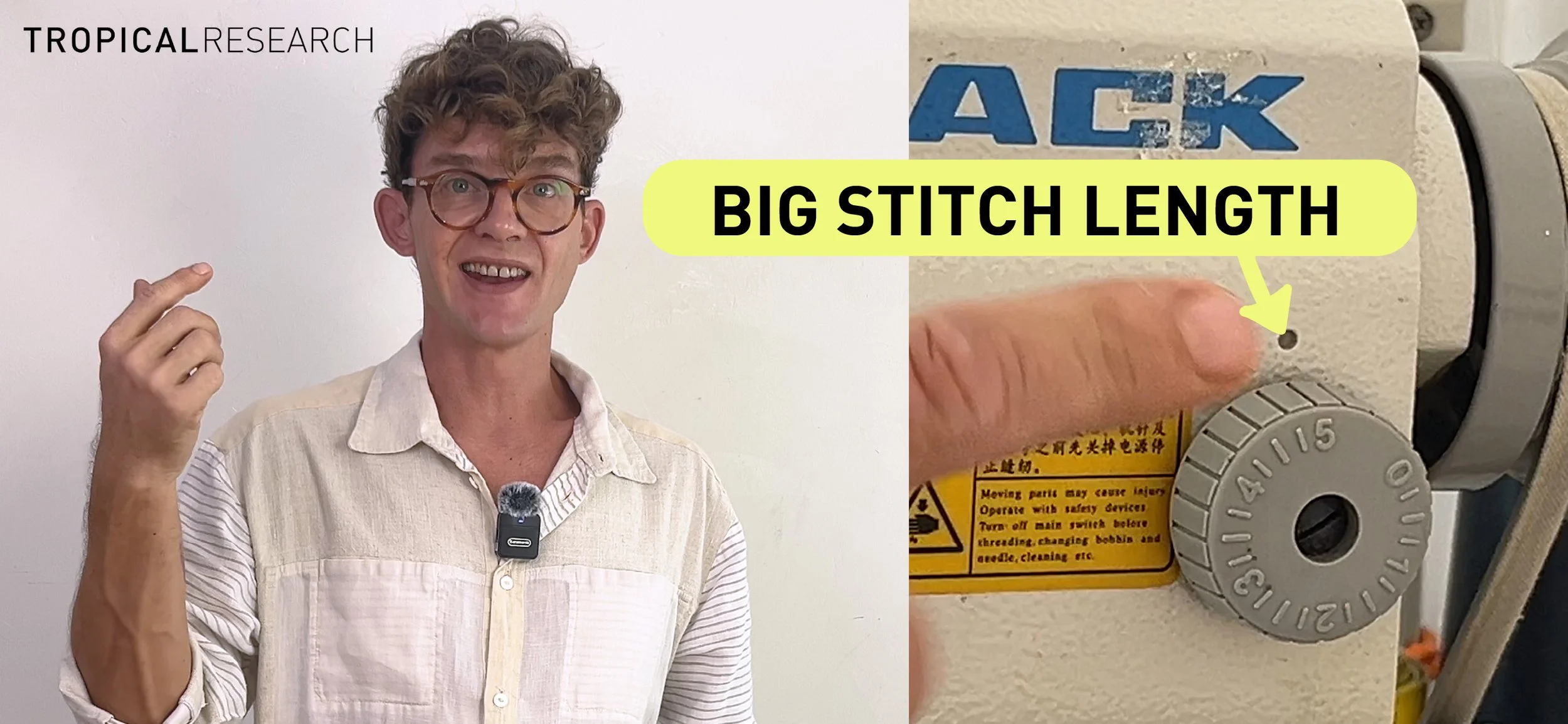 a sewing machine with the stitch length set to the maximum - designer explaining on the other side