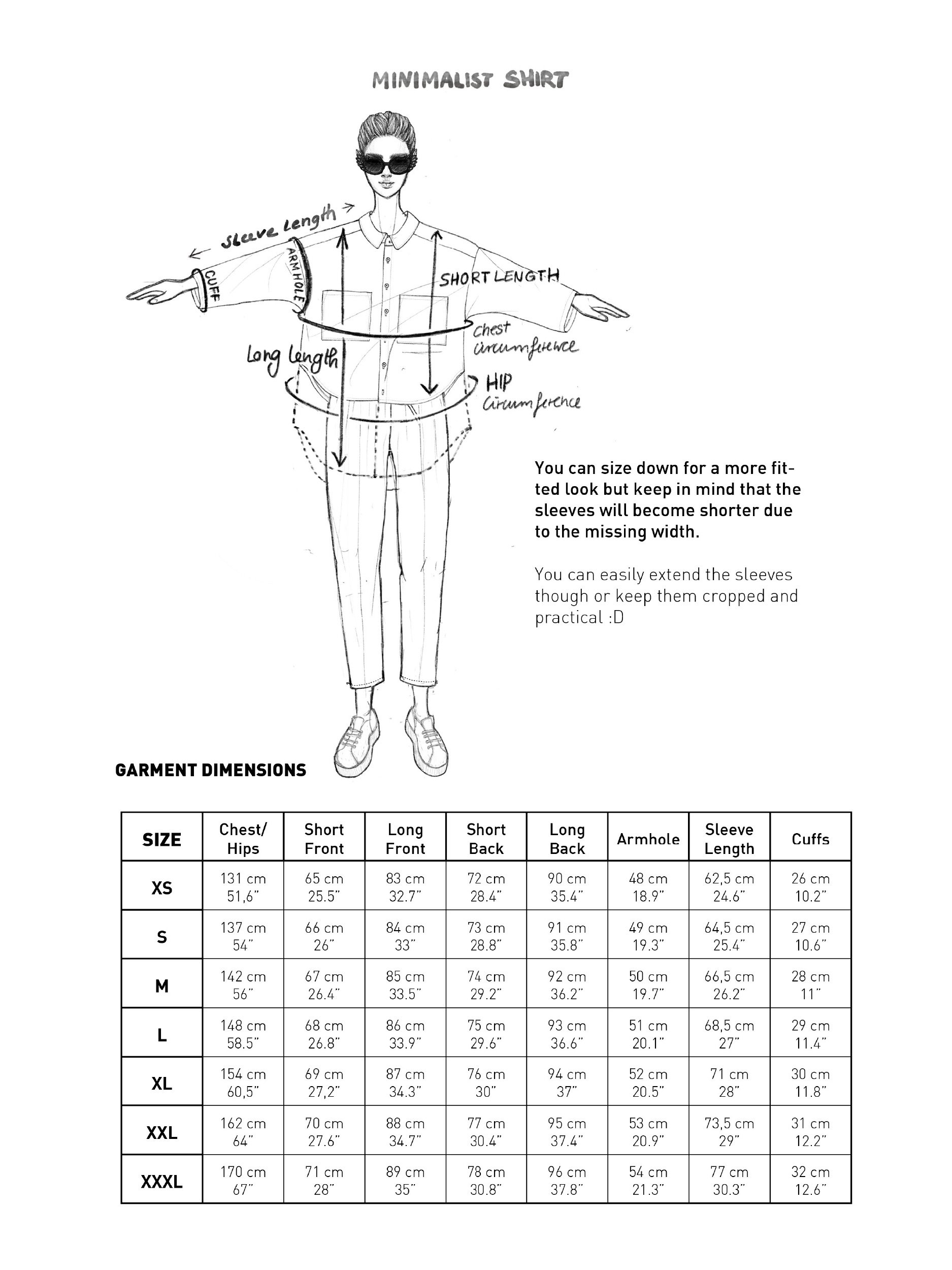minimalist shirt garment dimensions table and illustration