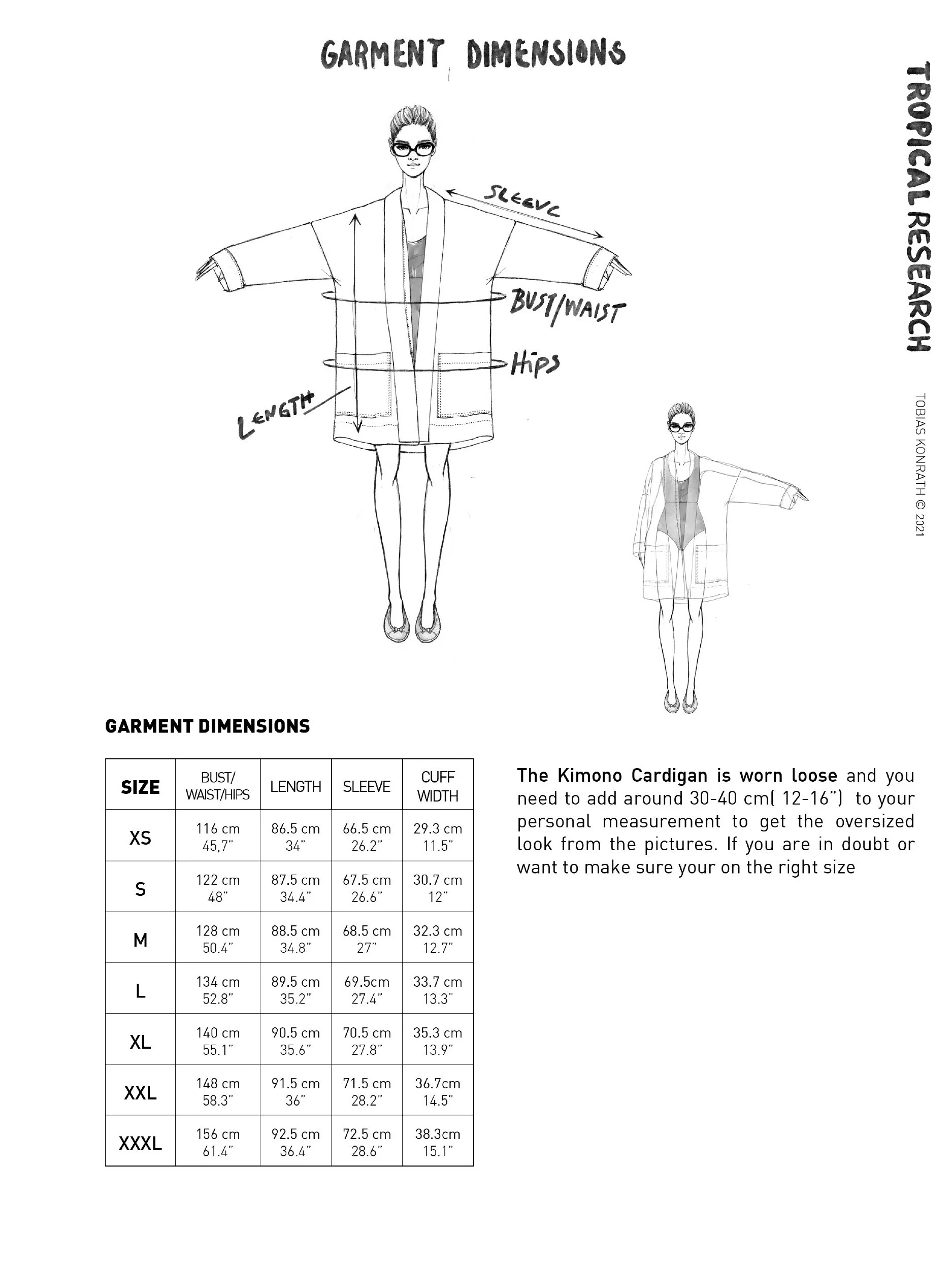 minimalist cardigan garment dimensions table and illustration