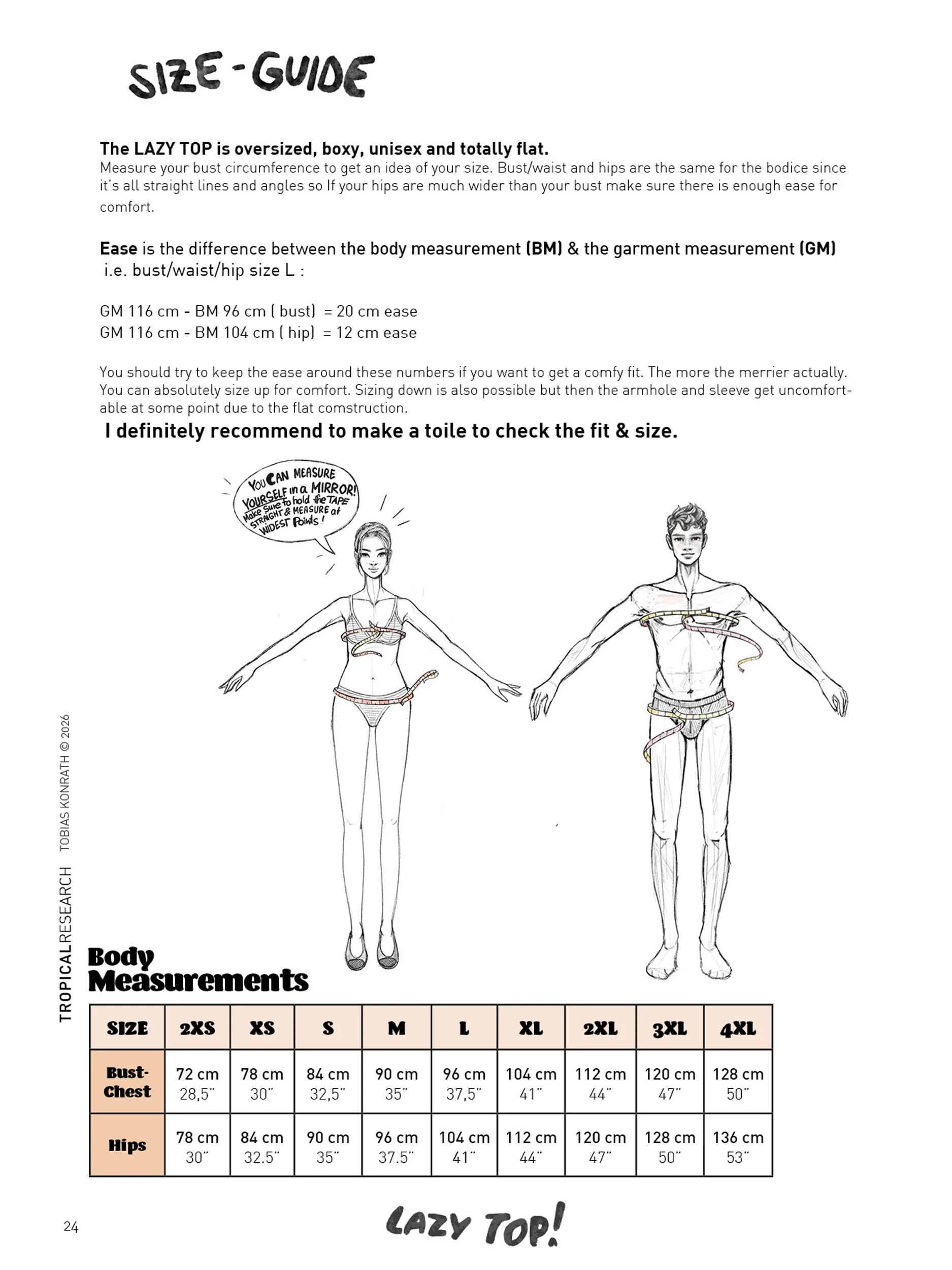 tutorial page - size guide with body measurements