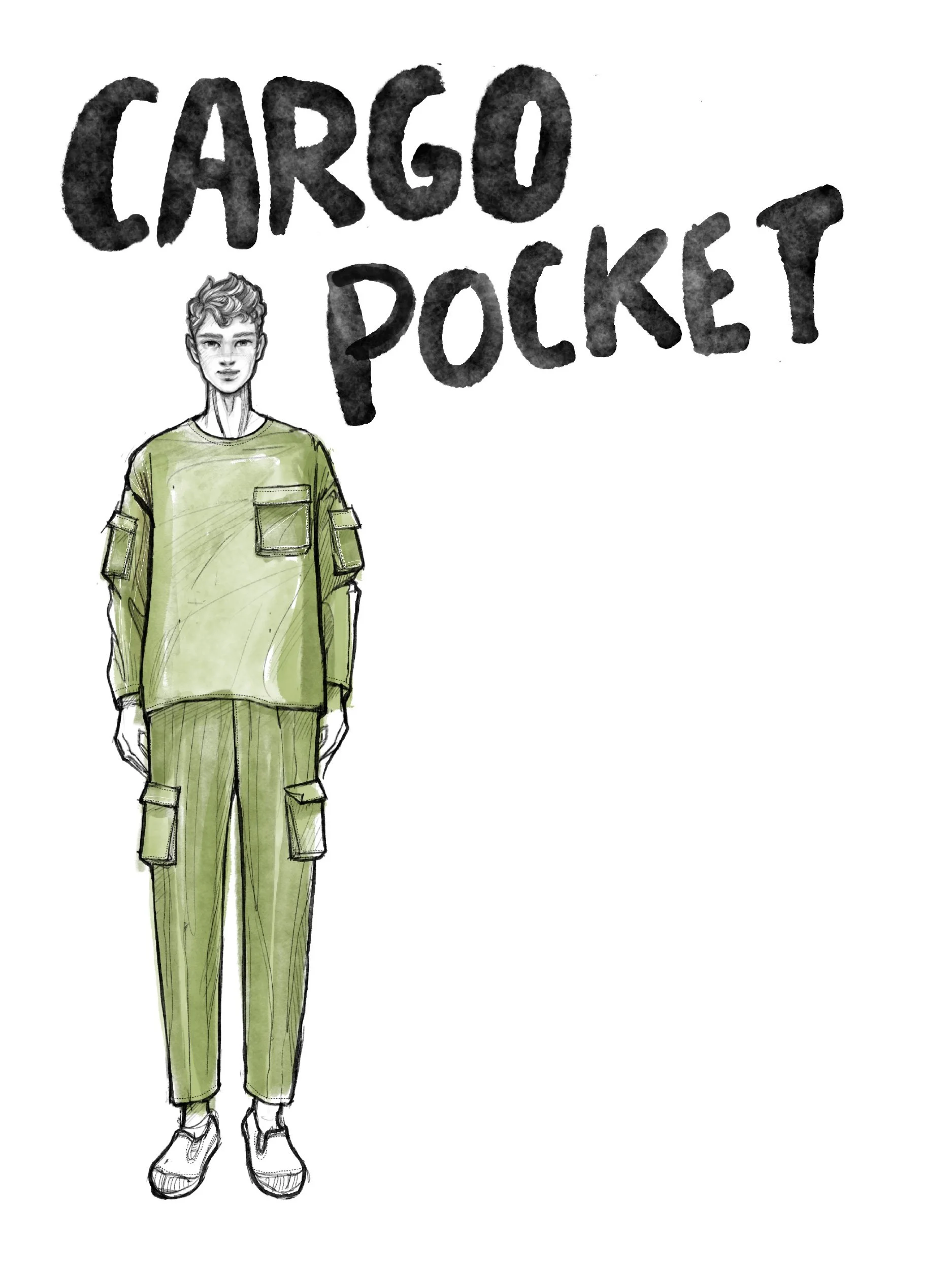 illustrated figure wearing an outfit full of cargo pockets
