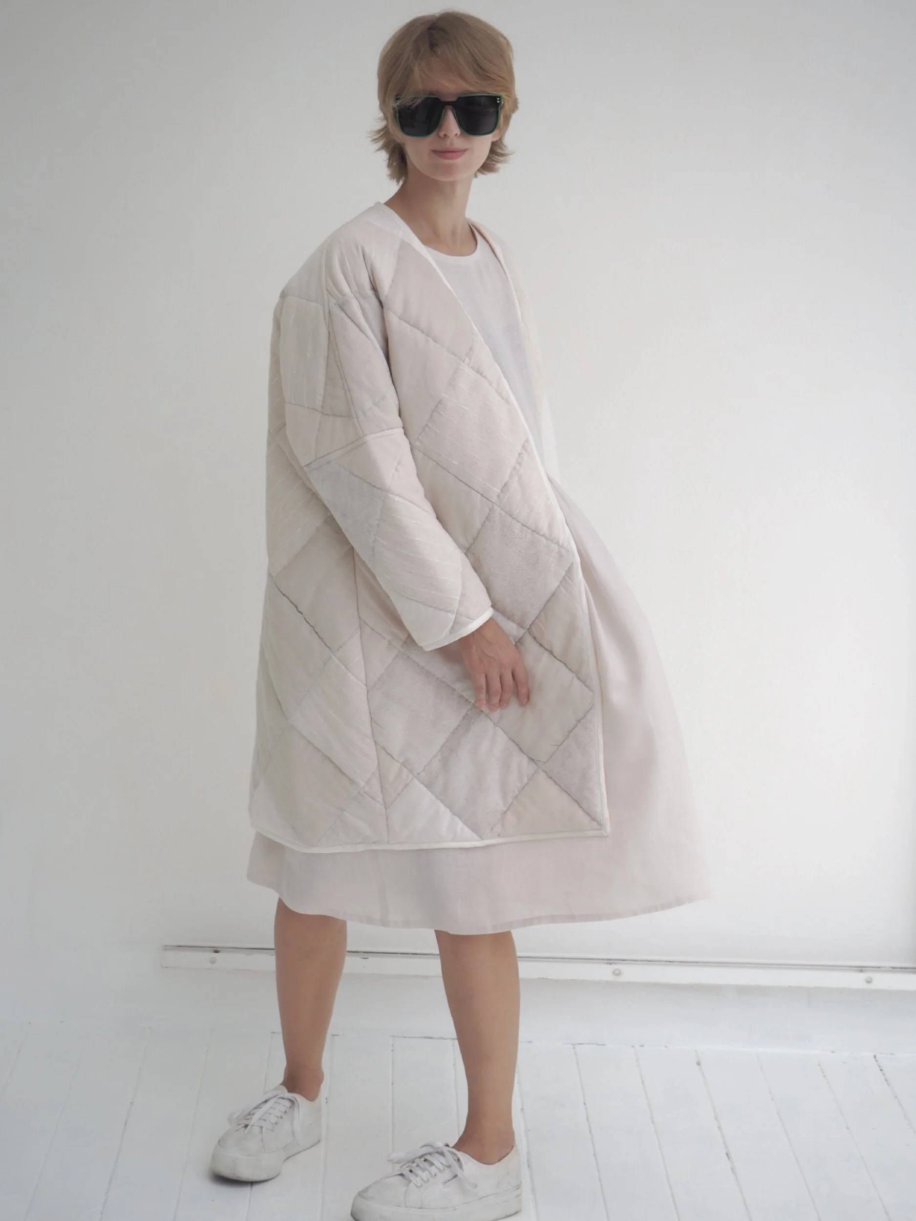 quilted cozy coat with v neck worn by model