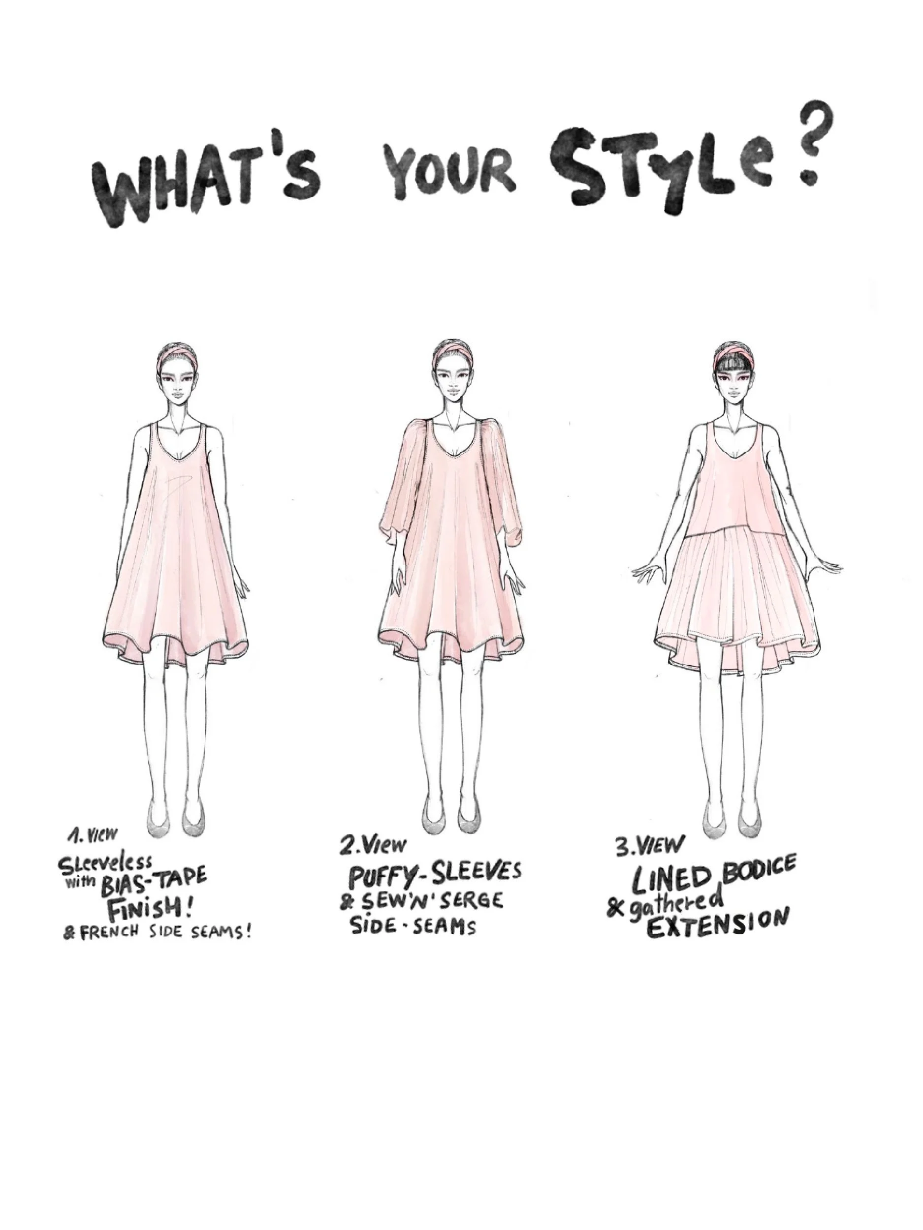 beach dress illustration " 3 different views" regular style - with sleeve - with gathered extension