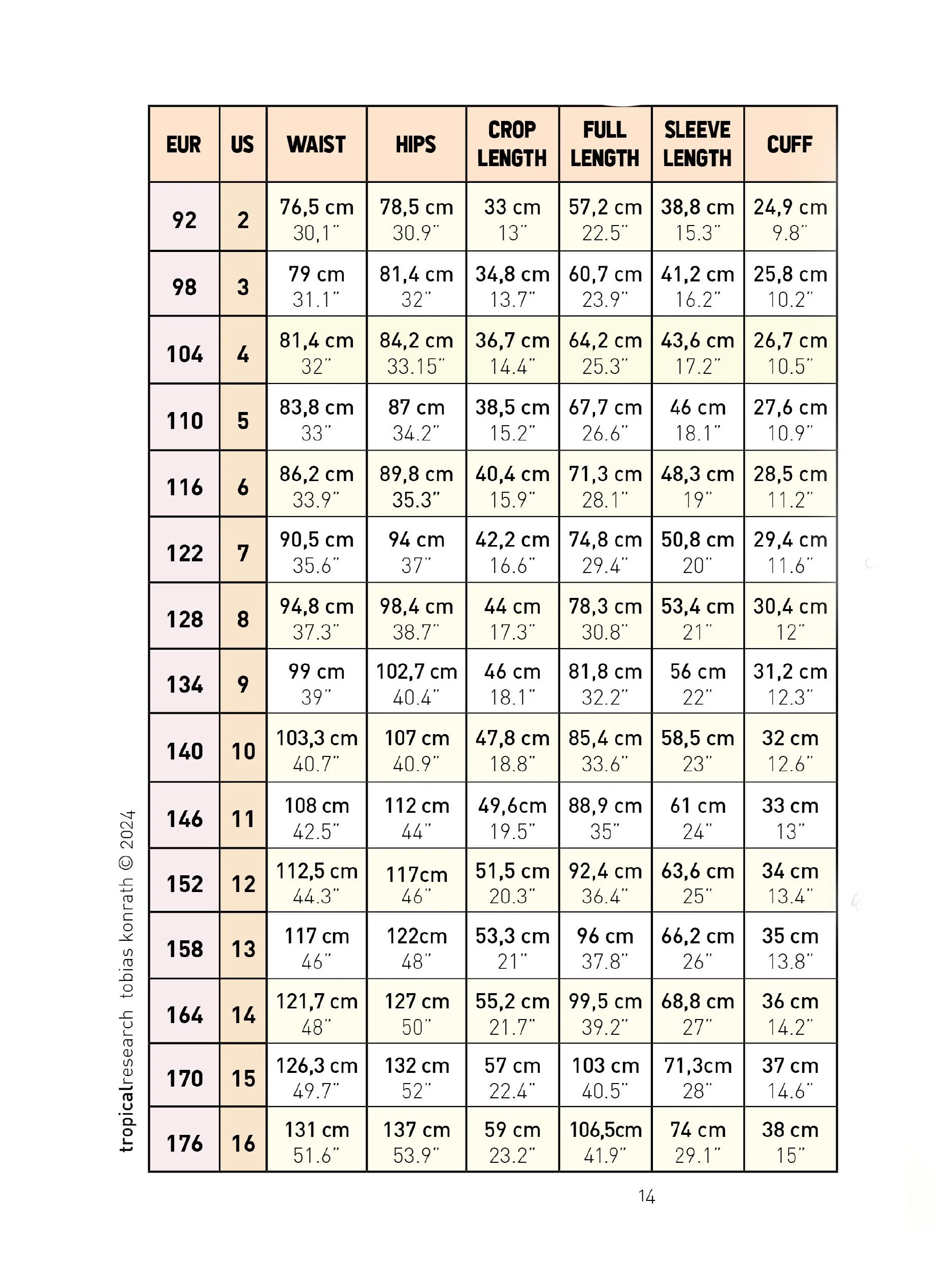 cozy coat for kids garment dimensions  table