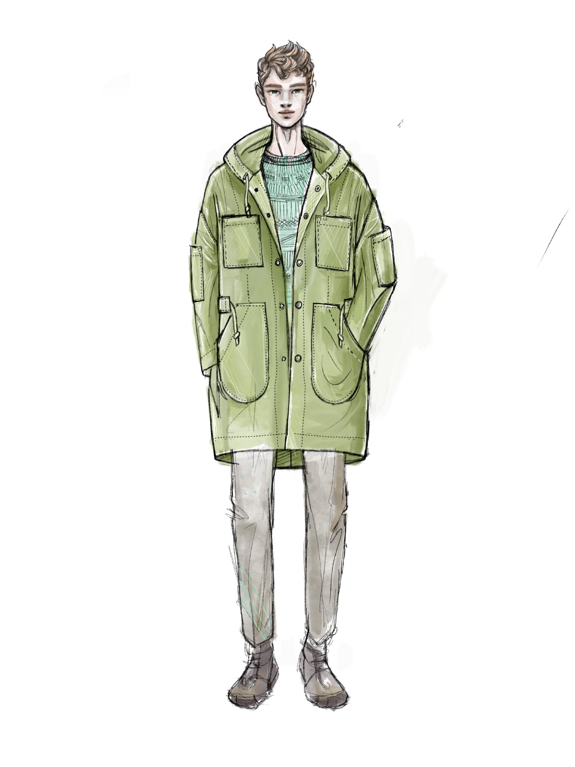 fashion illustration of long green boxy parka with hood