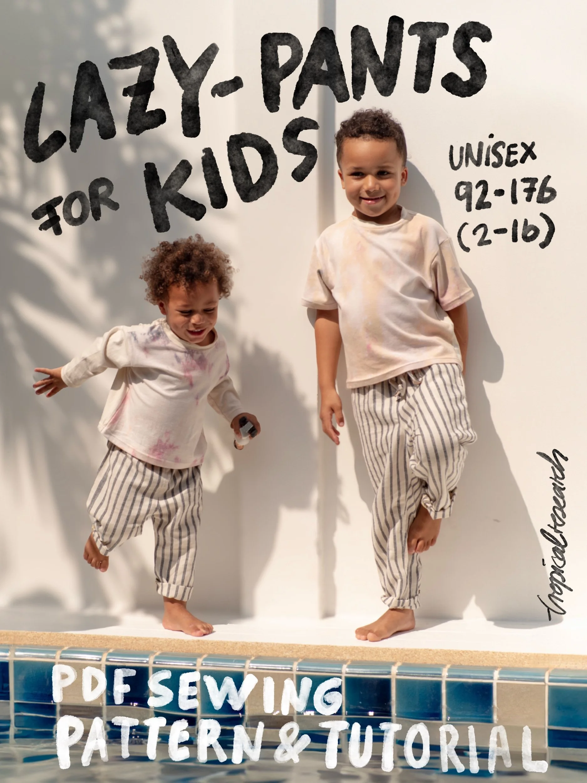 Lazy pants for Kids cover image featuring two little boys wearing matching pants and t-shirts