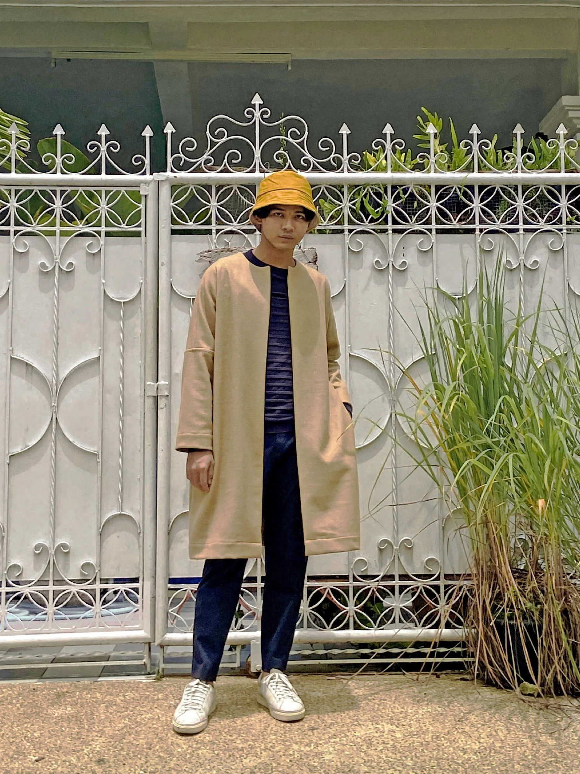 regular finish cozy coat with crew neck in camel beige worn by model