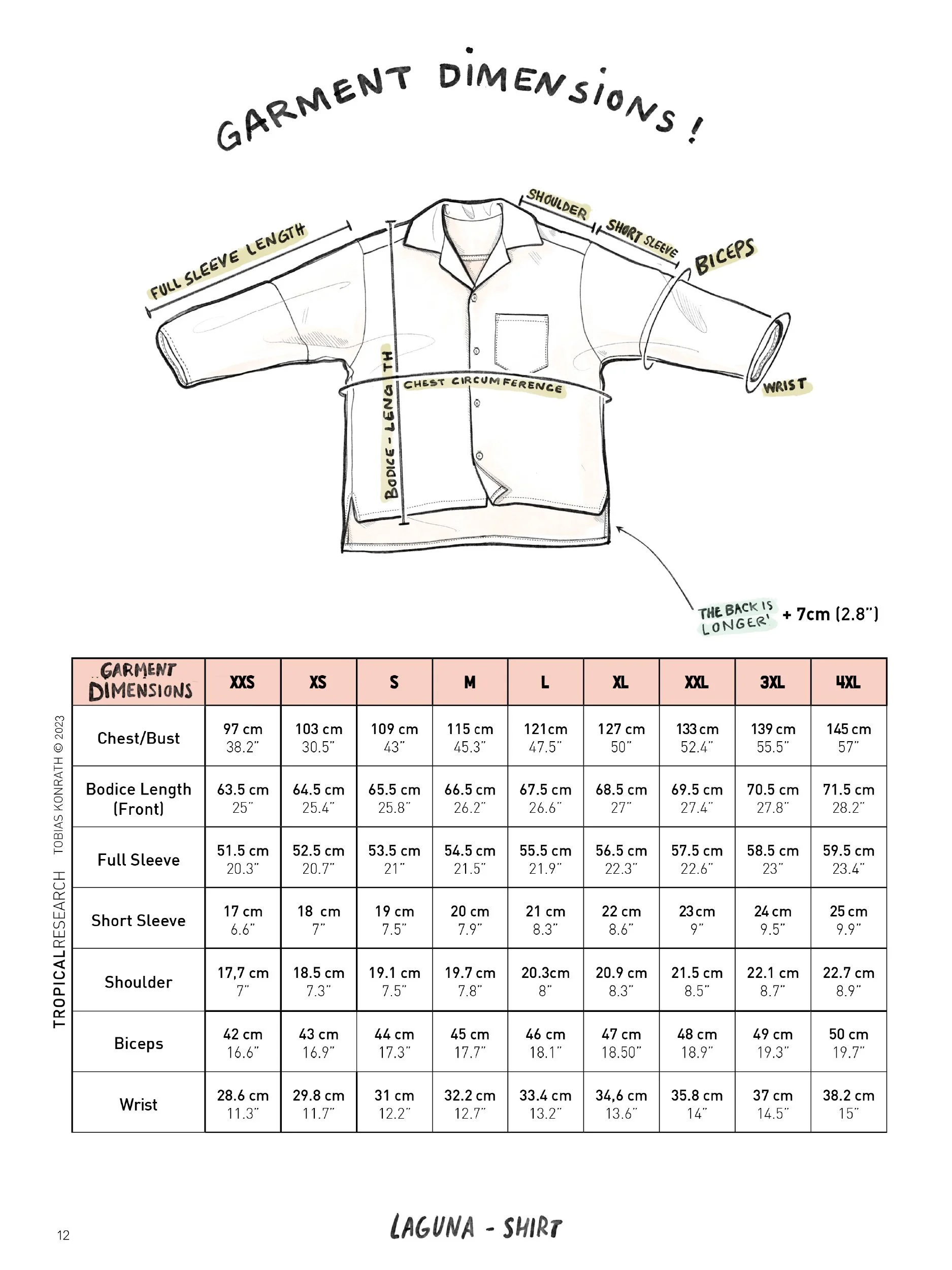 laguna shirt - garment dimensions table and illustration