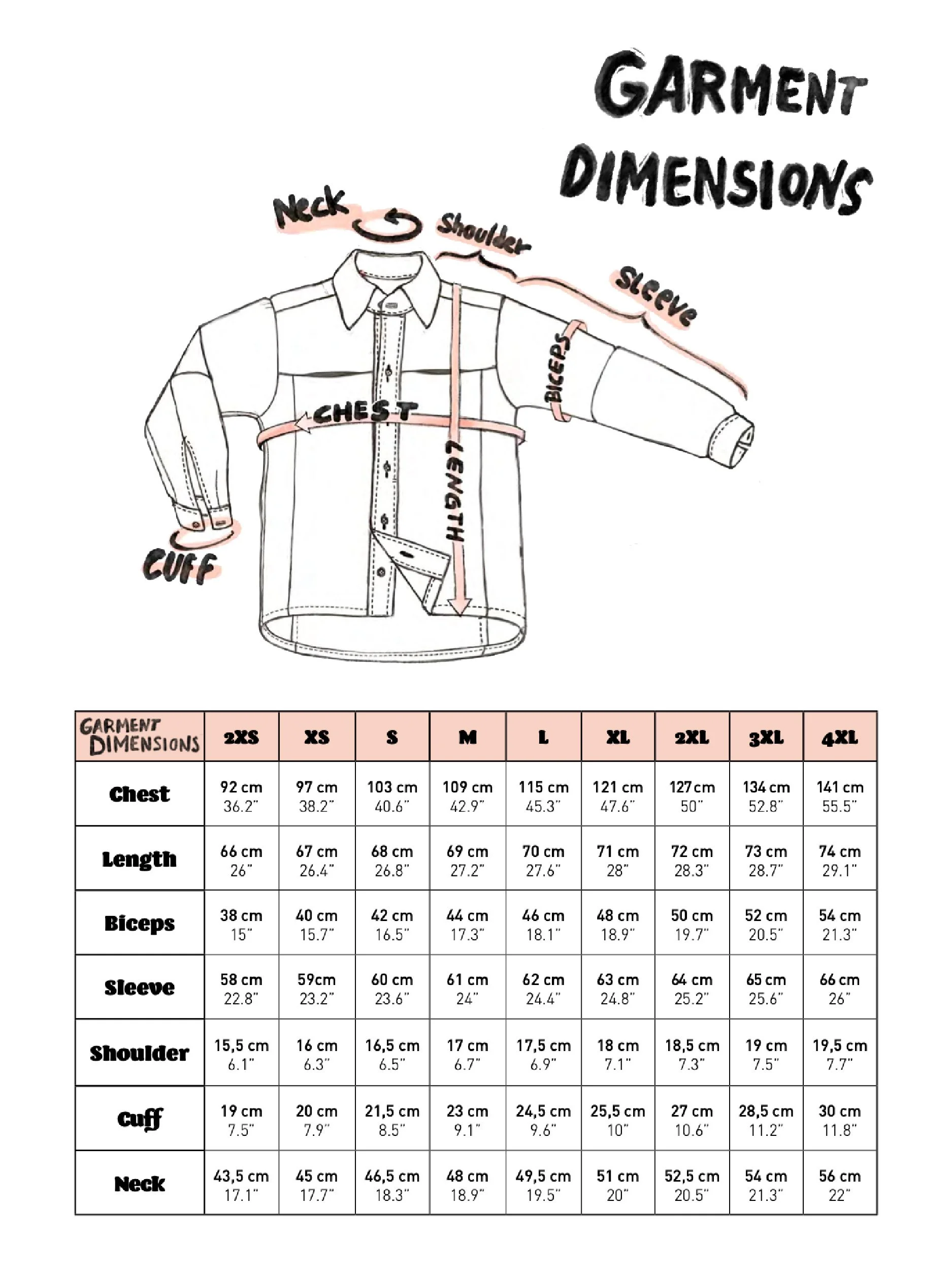Adventure Shirt garment dimensions table and illustration
