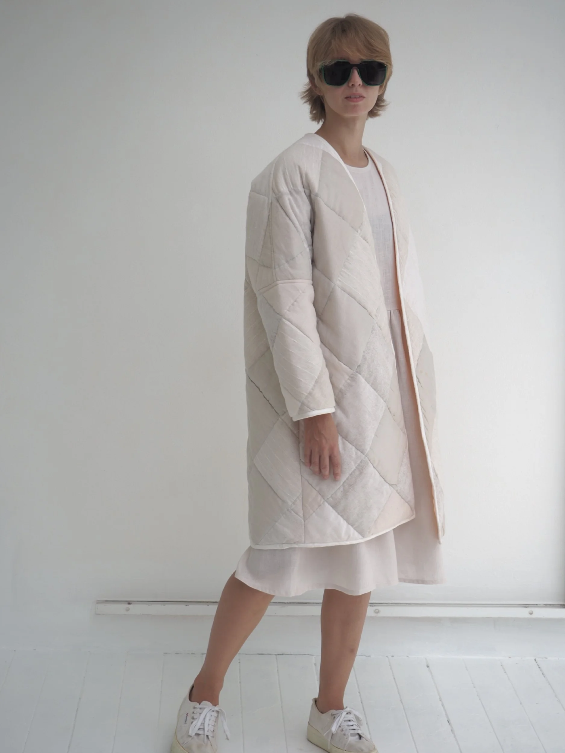 quilted cozy coat with v neck worn by model