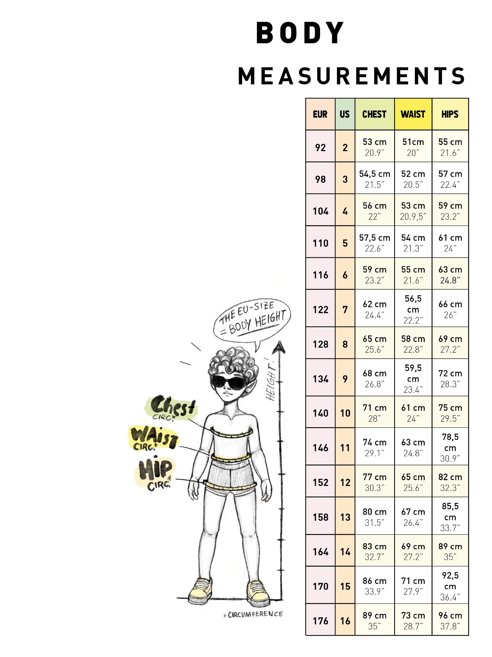 cozy coat for kids size guide table and illustration