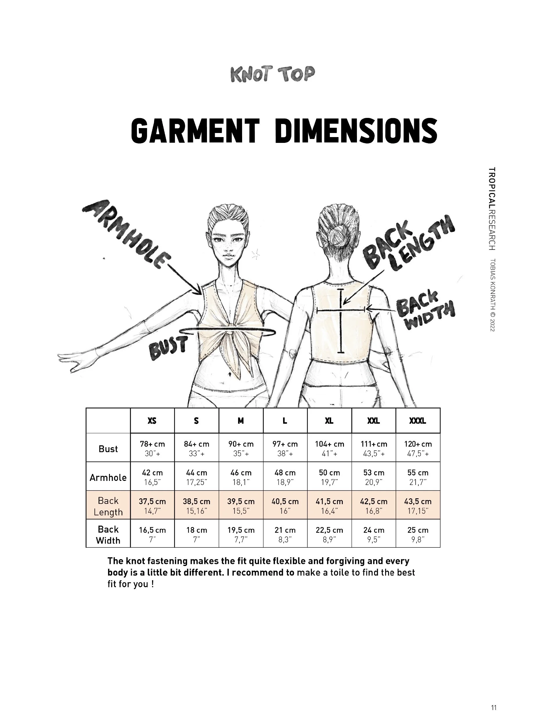kno top garment dimensions table and illustration