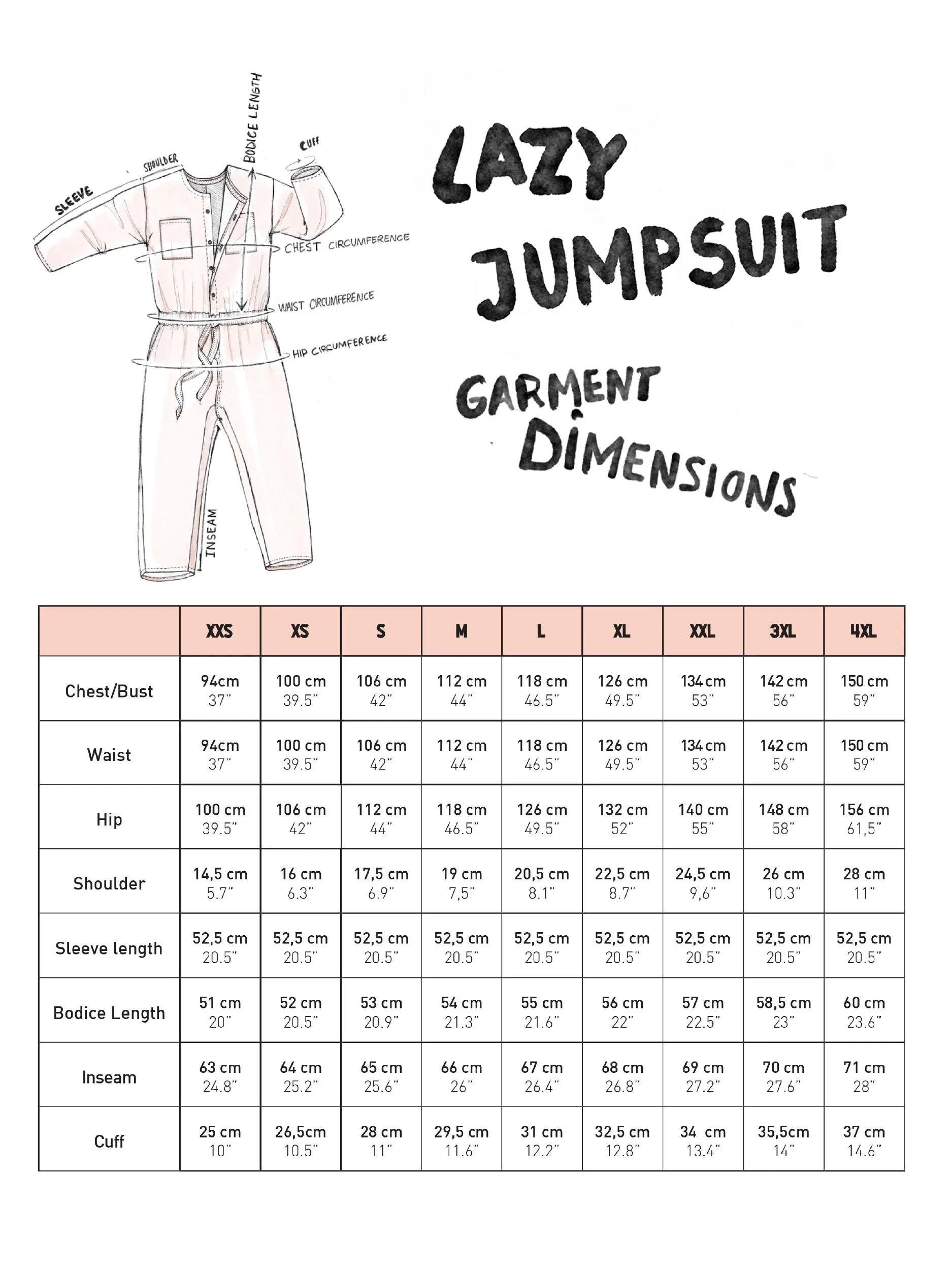 lazy jumpsuit garment dimensions  illustration and table