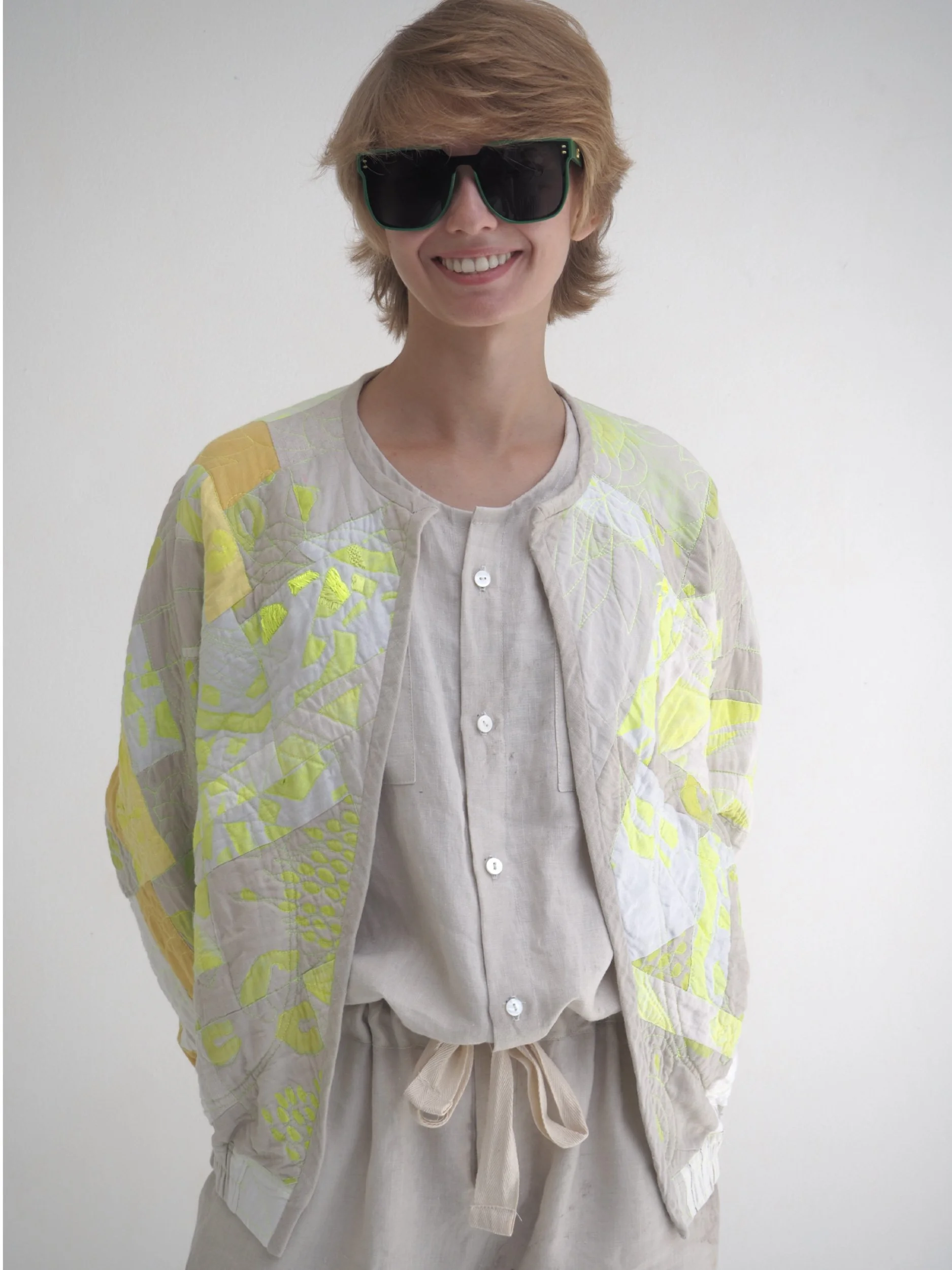 short cropped cozy coat  with crew neck worn by model