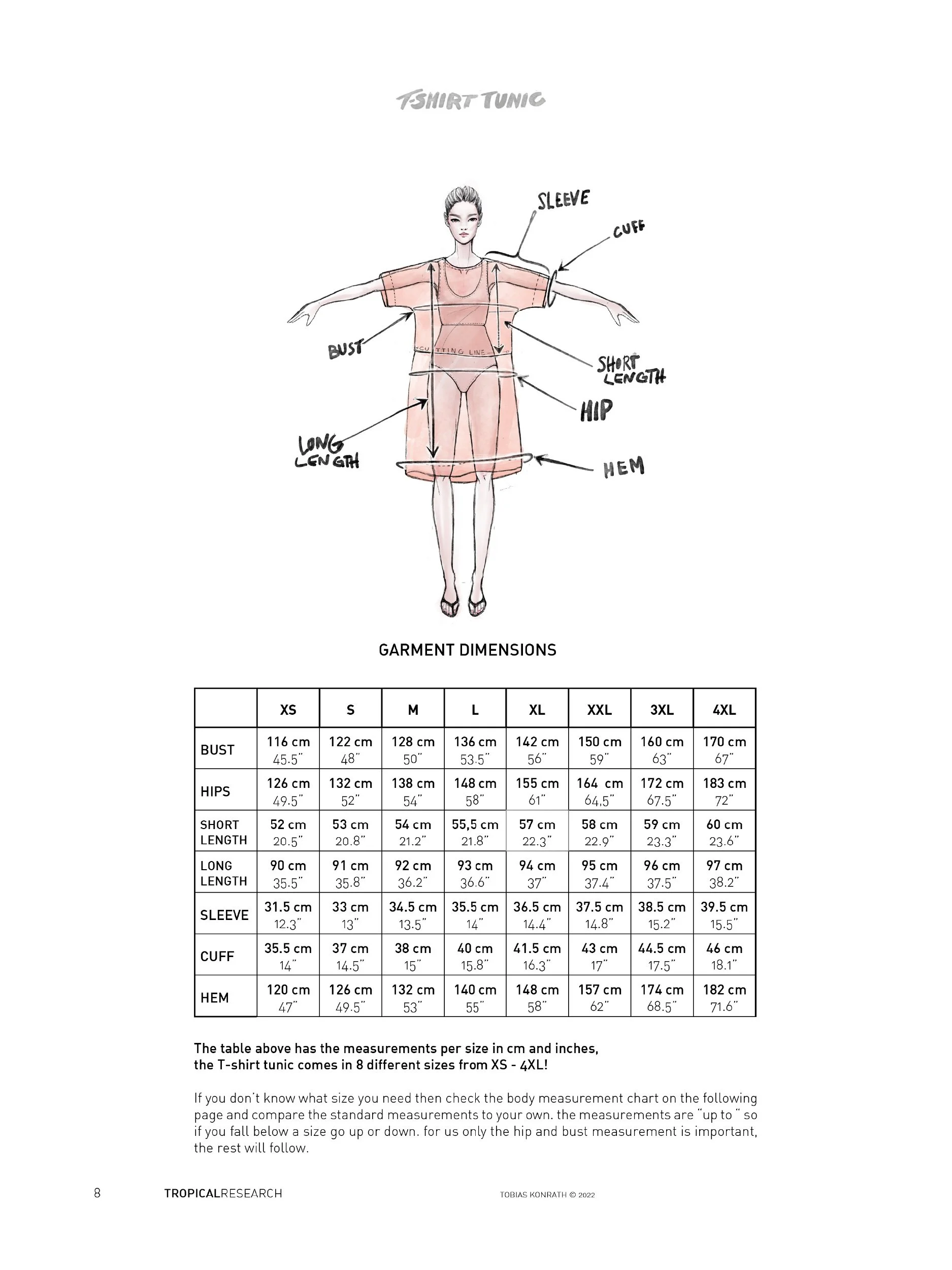 t-shirt tunic garment dimensions illustration and table