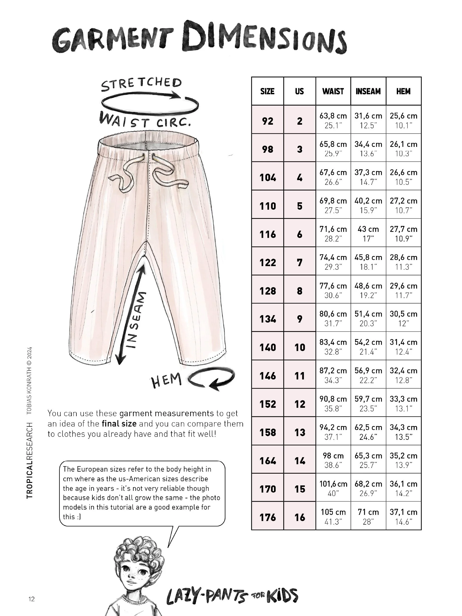 lazy pants for Kids - garment dimensions table