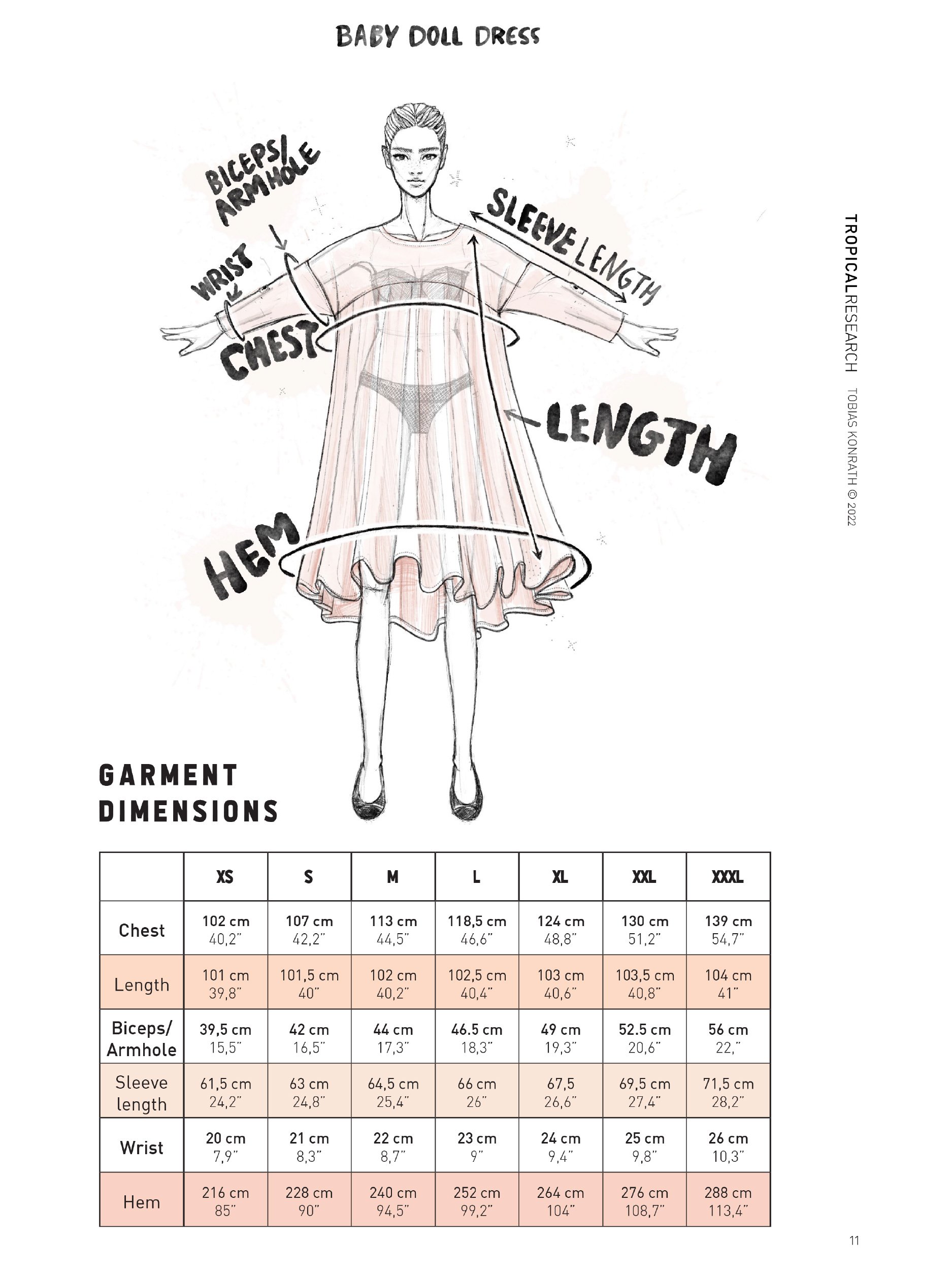 baby doll dress garment dimensions illustration and table