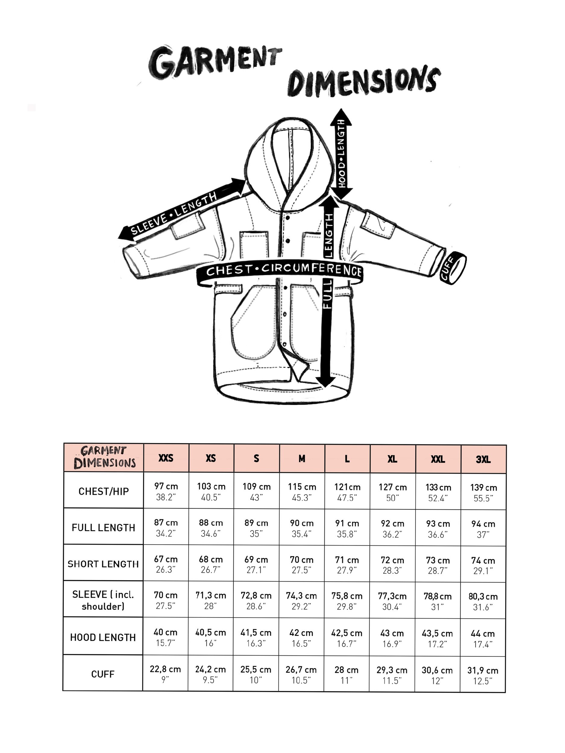 boxy parka garment dimensions illustration and table