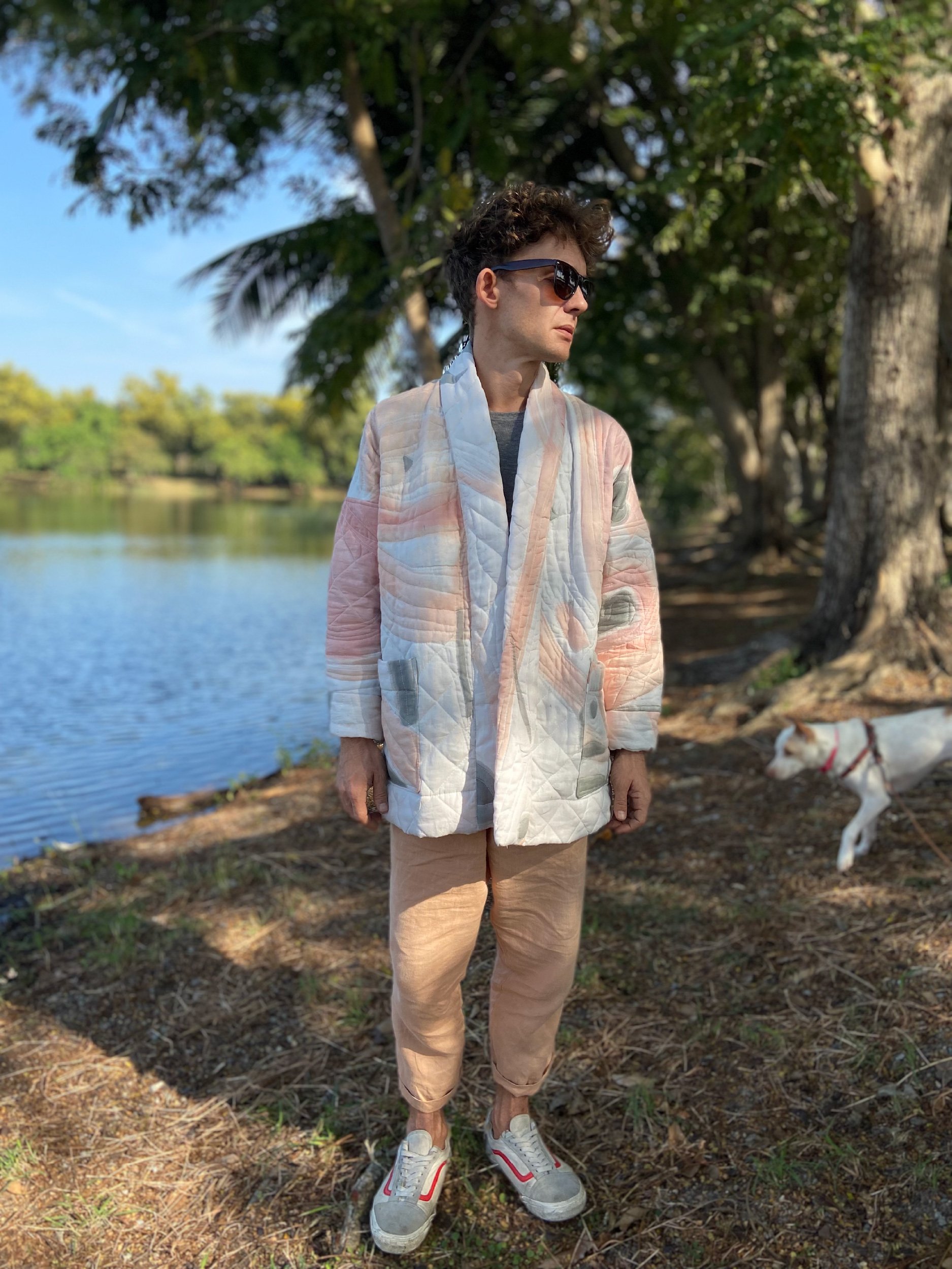 minimalist cardigan made from up cycled quilt