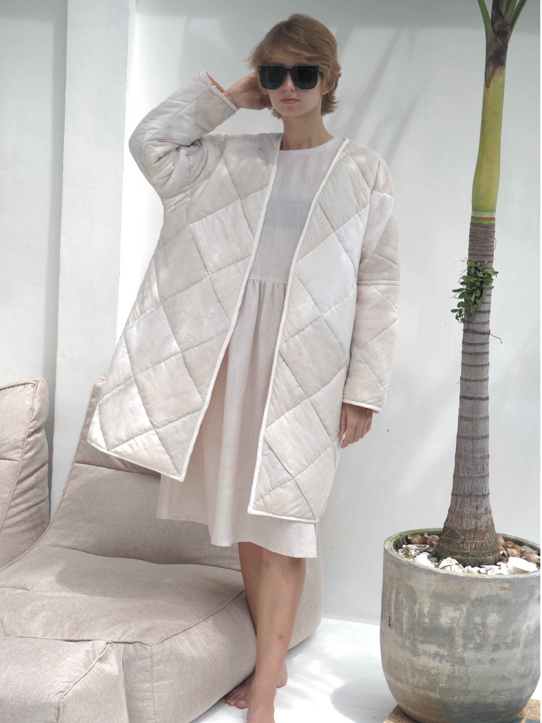 quilted cozy coat with v neck worn by model