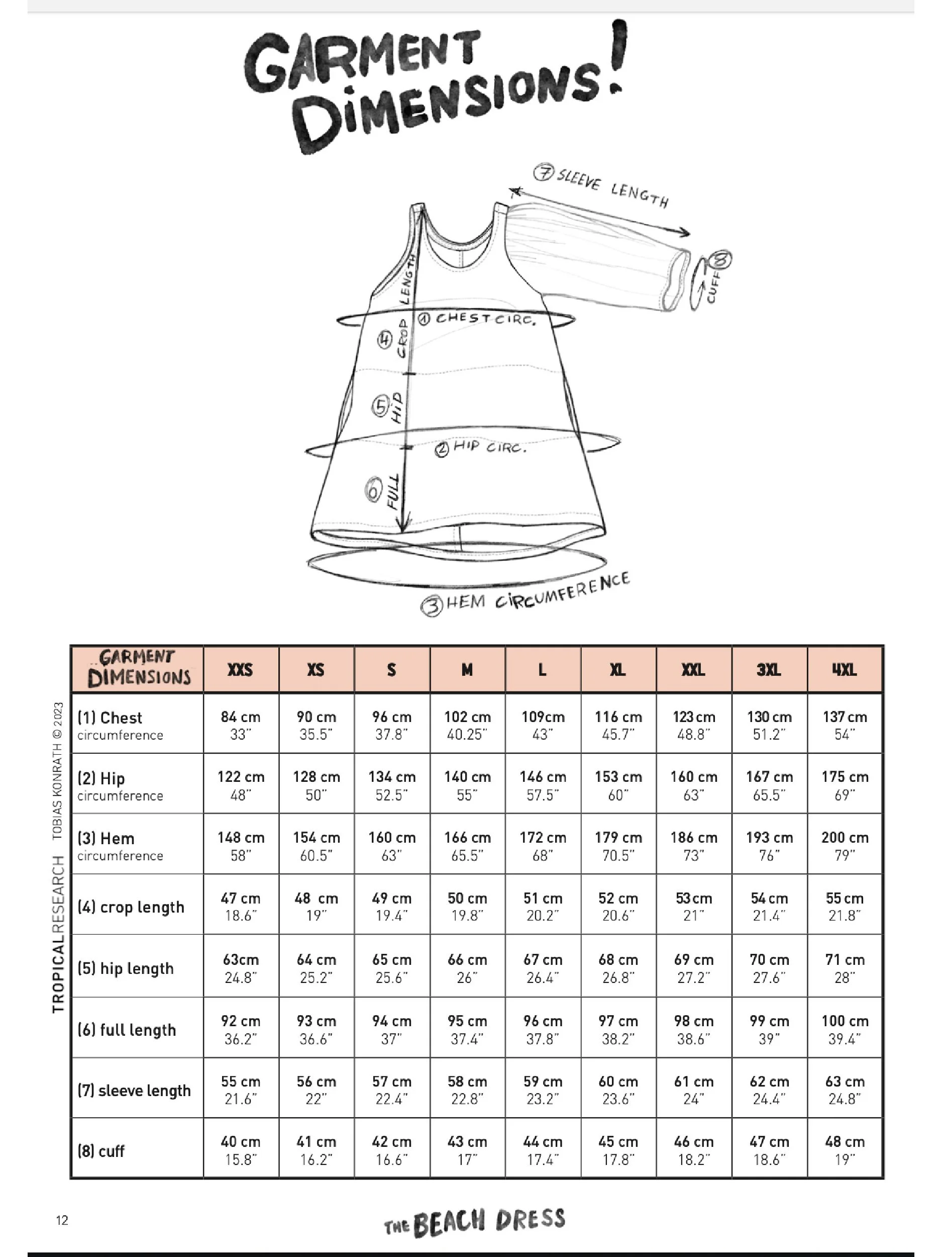 beach dress garment dimensions- illustration and table