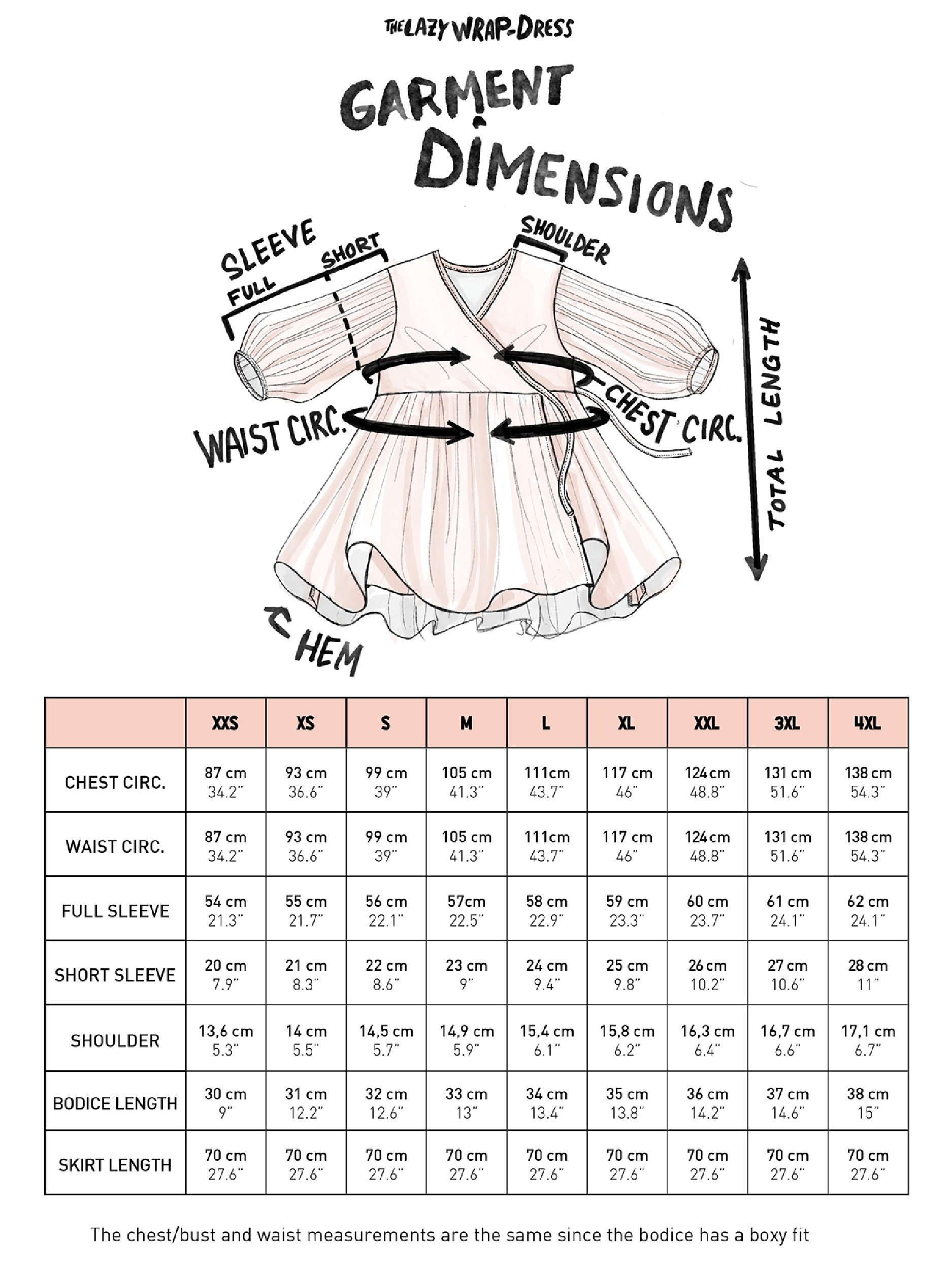 lazy wrap dress - garment dimensions  illustration and table
