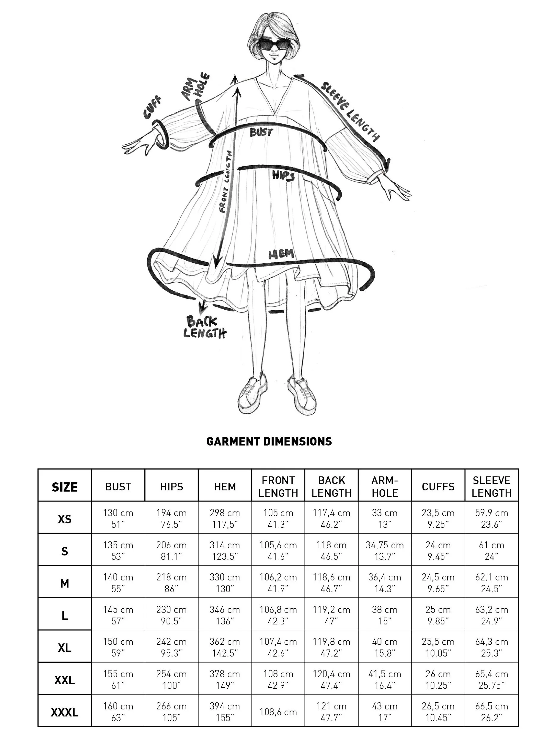 puffy dress garment dimensions illustration and table