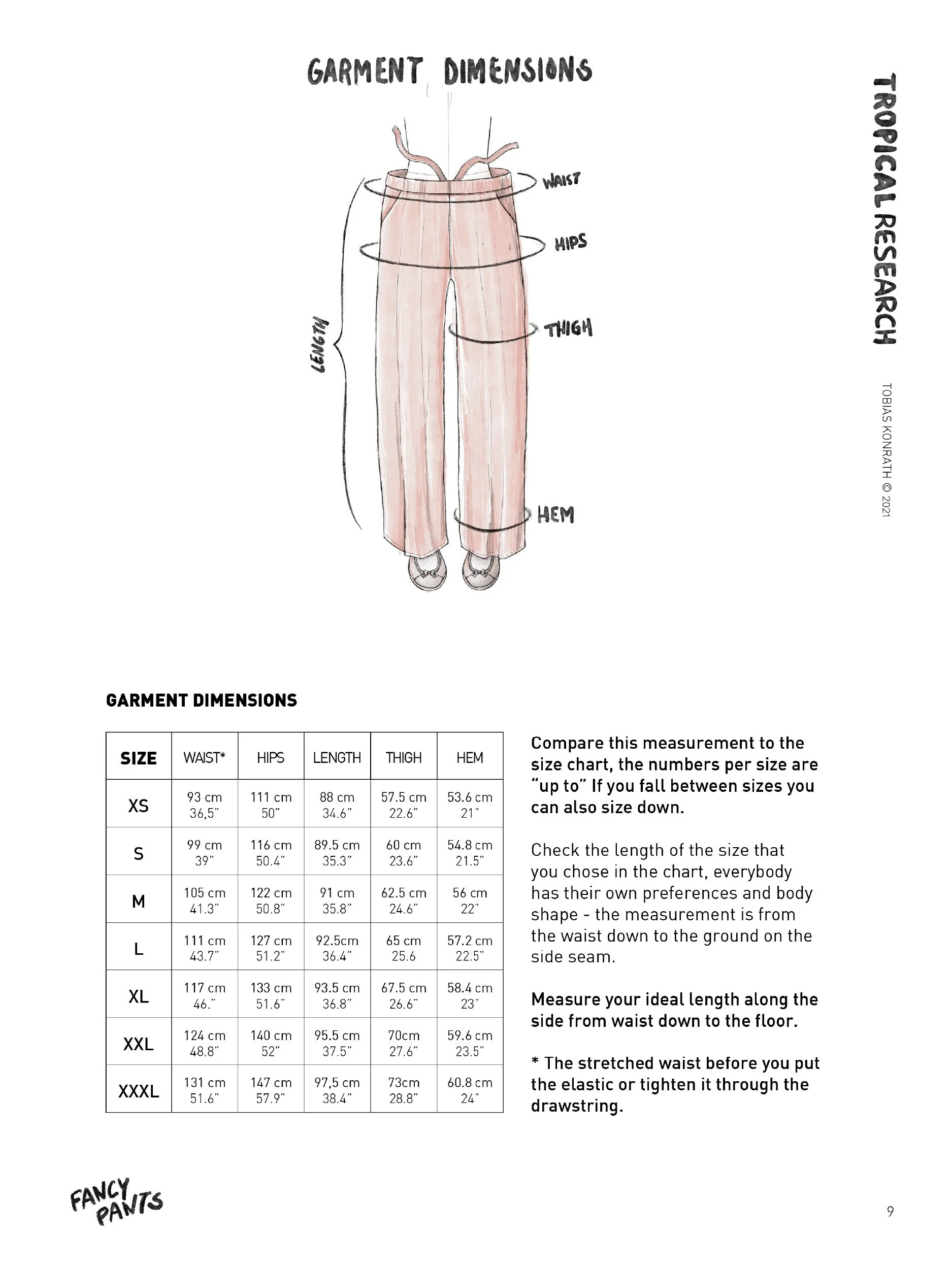 fancy pants garment dimensions illustration and table