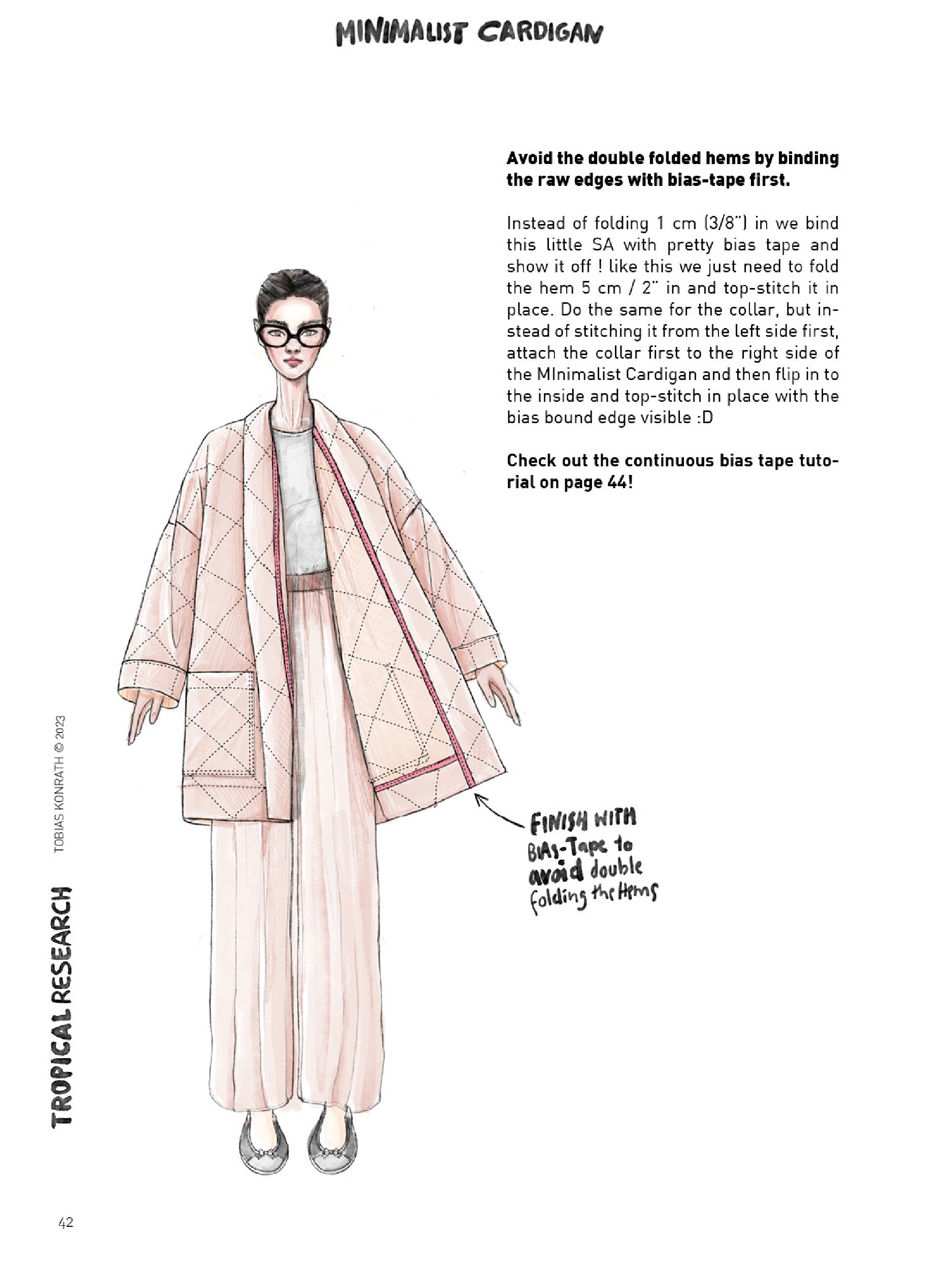 minimalist cardigan tutorial illustration bias tape finish for quilted materials
