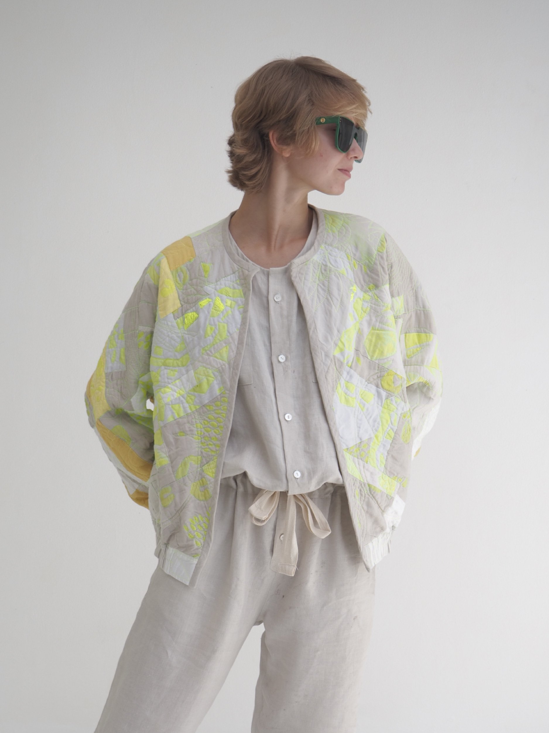 short cropped cozy coat  with crew neck worn by model