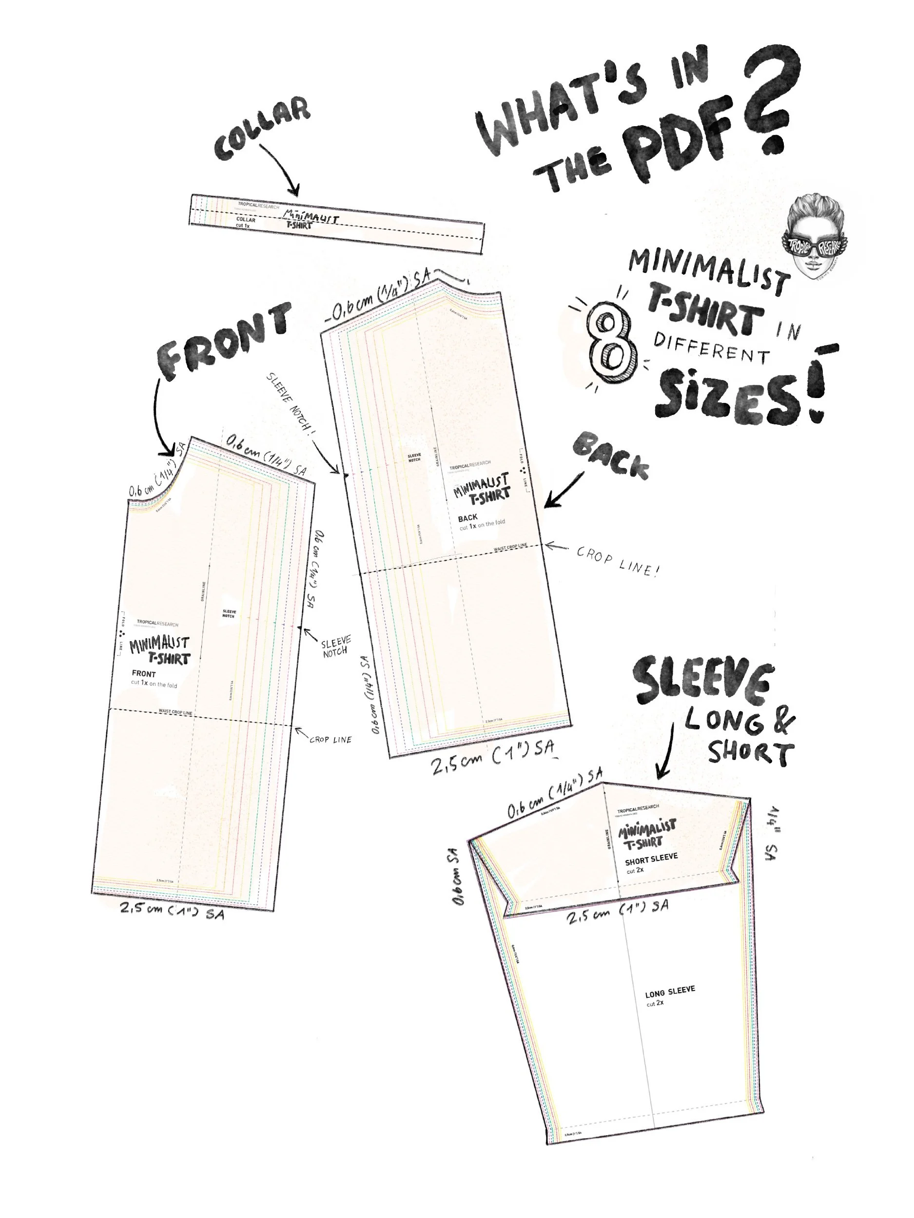 minimalist t-shirt pattern pieces illustration