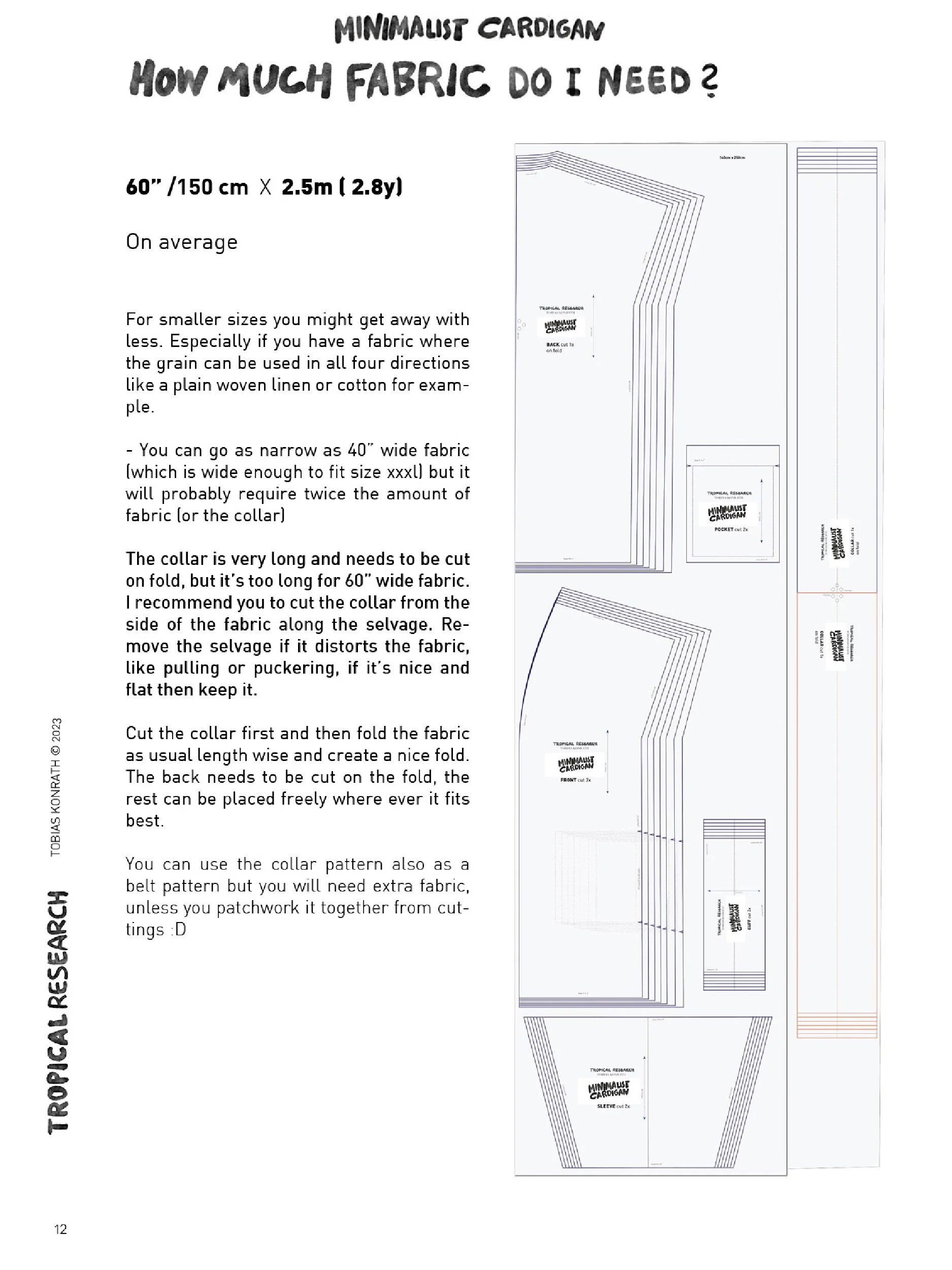 minimalist cardigan tutorial cutting layout / material consumption