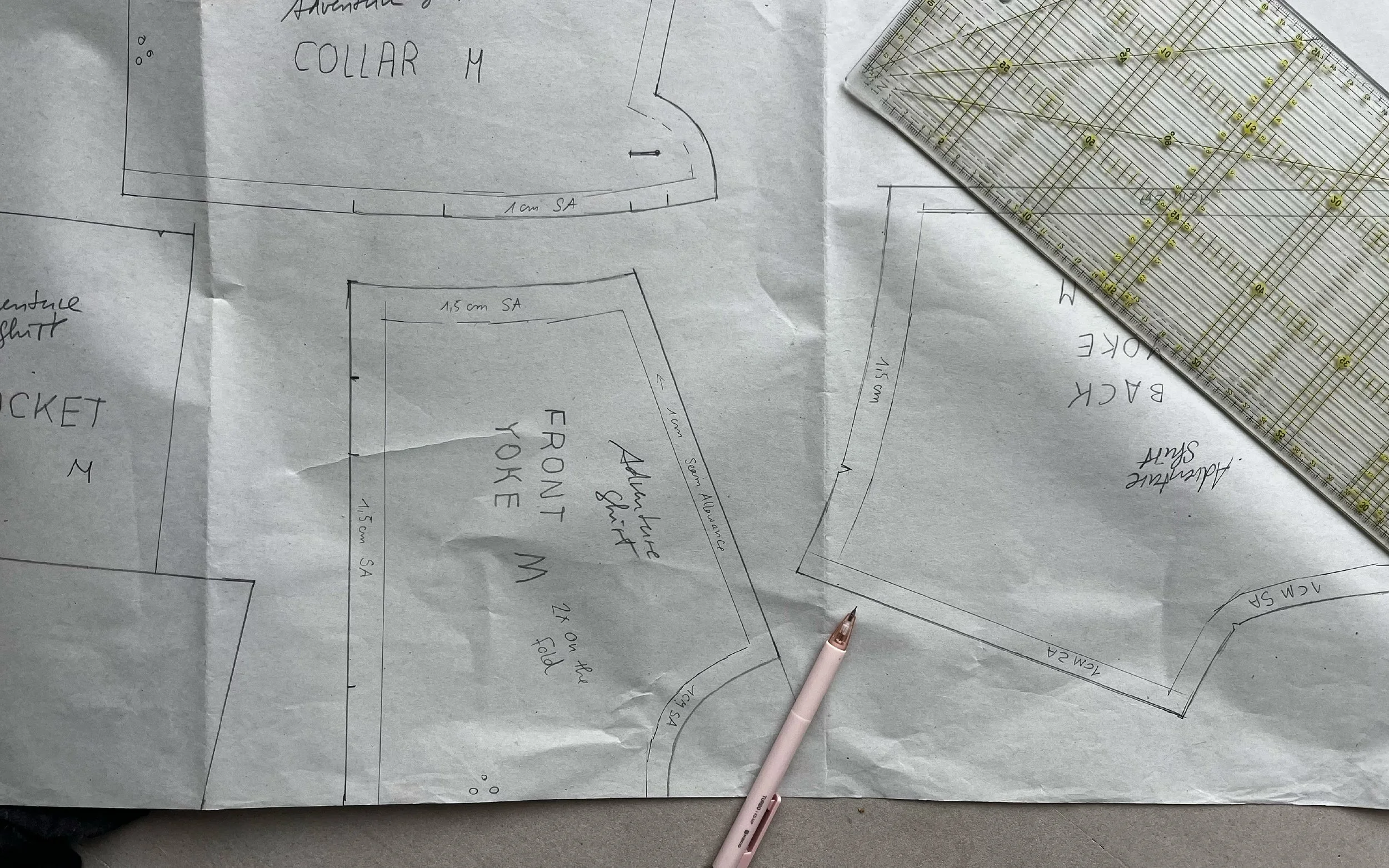 close up of a pencil traced seam pattern with visible seam lines