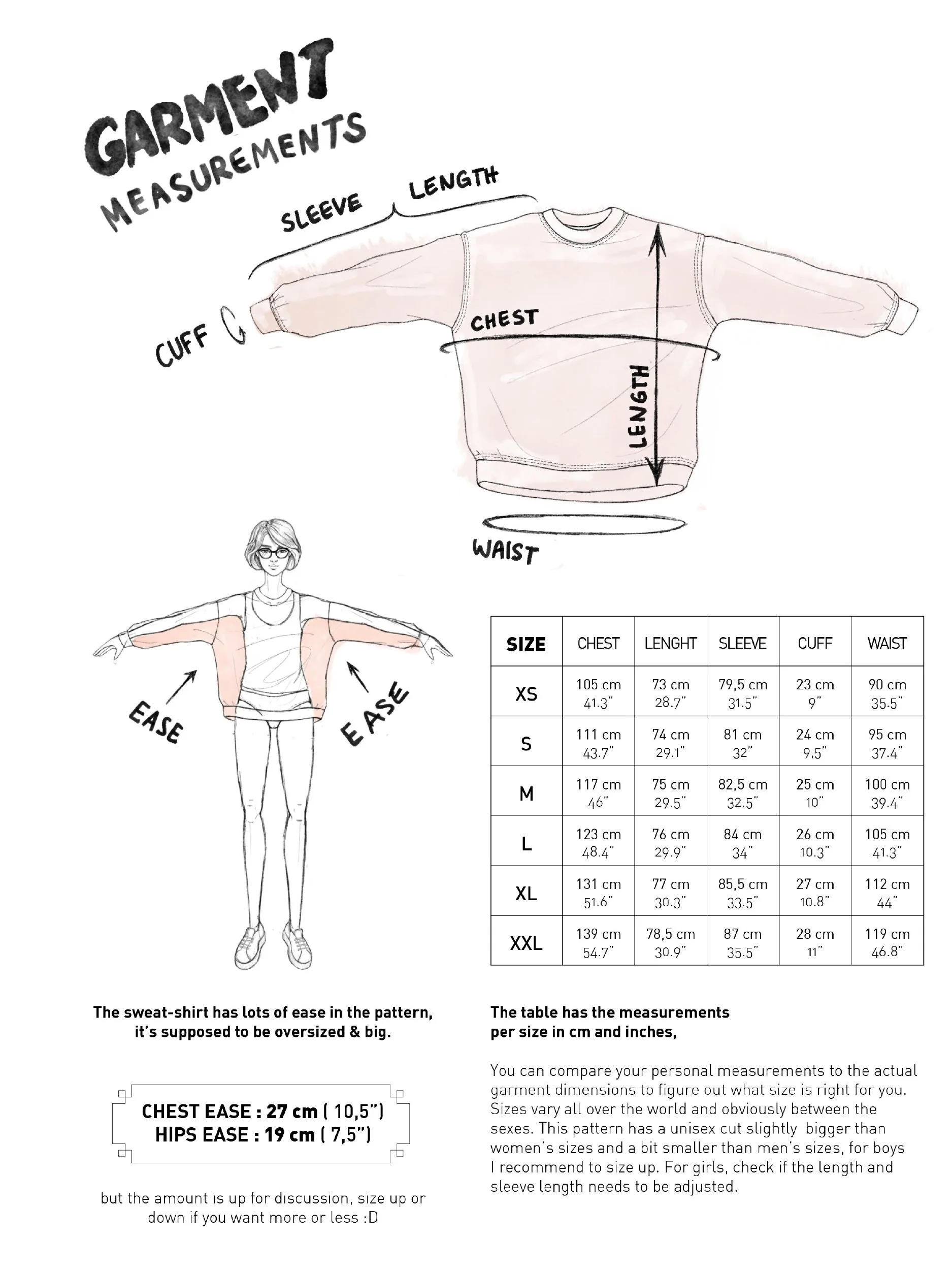 Sweatshirt garment dimensions table and illustration