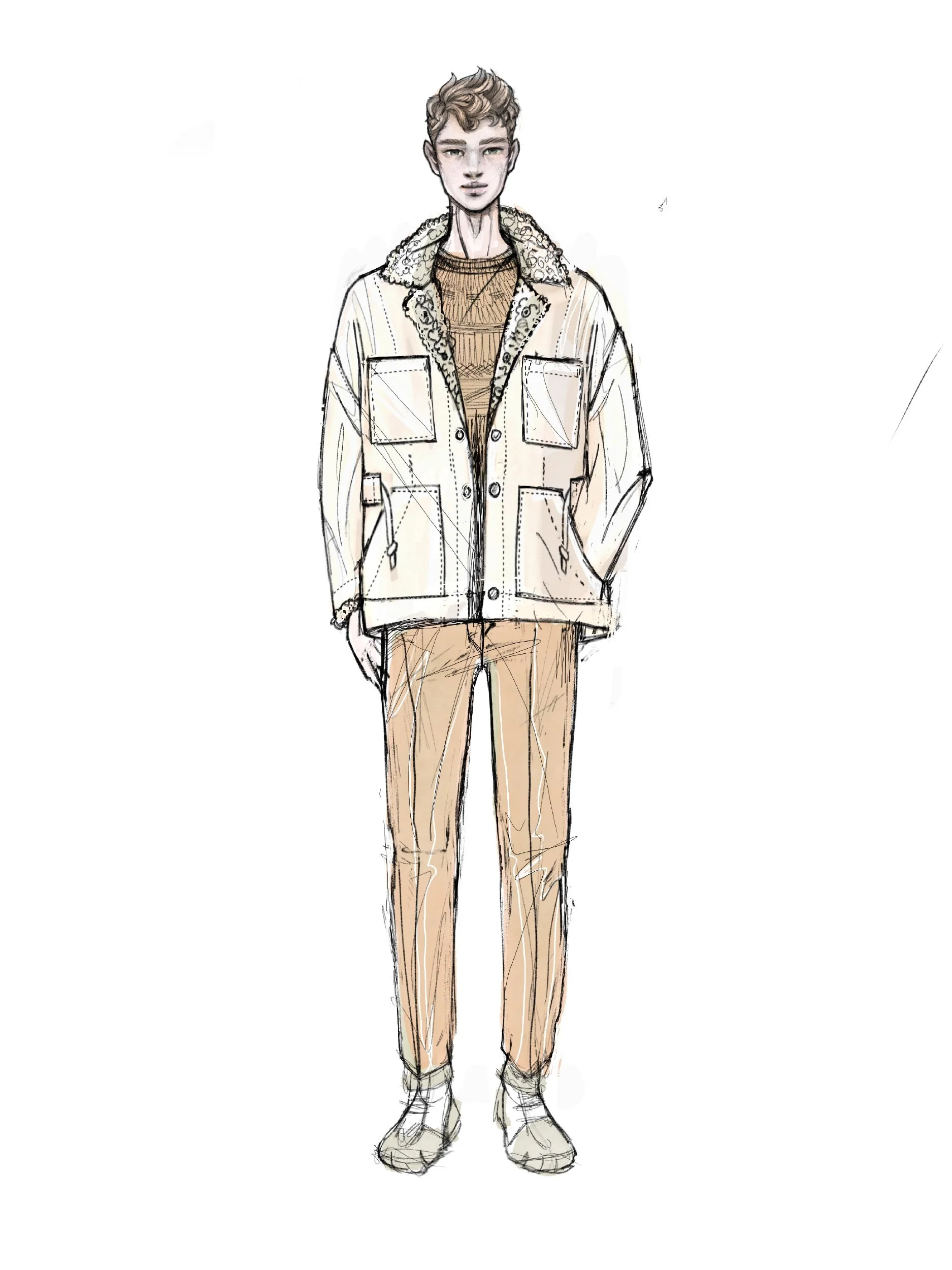 fashion illustration of jacket length boxy parka with collar