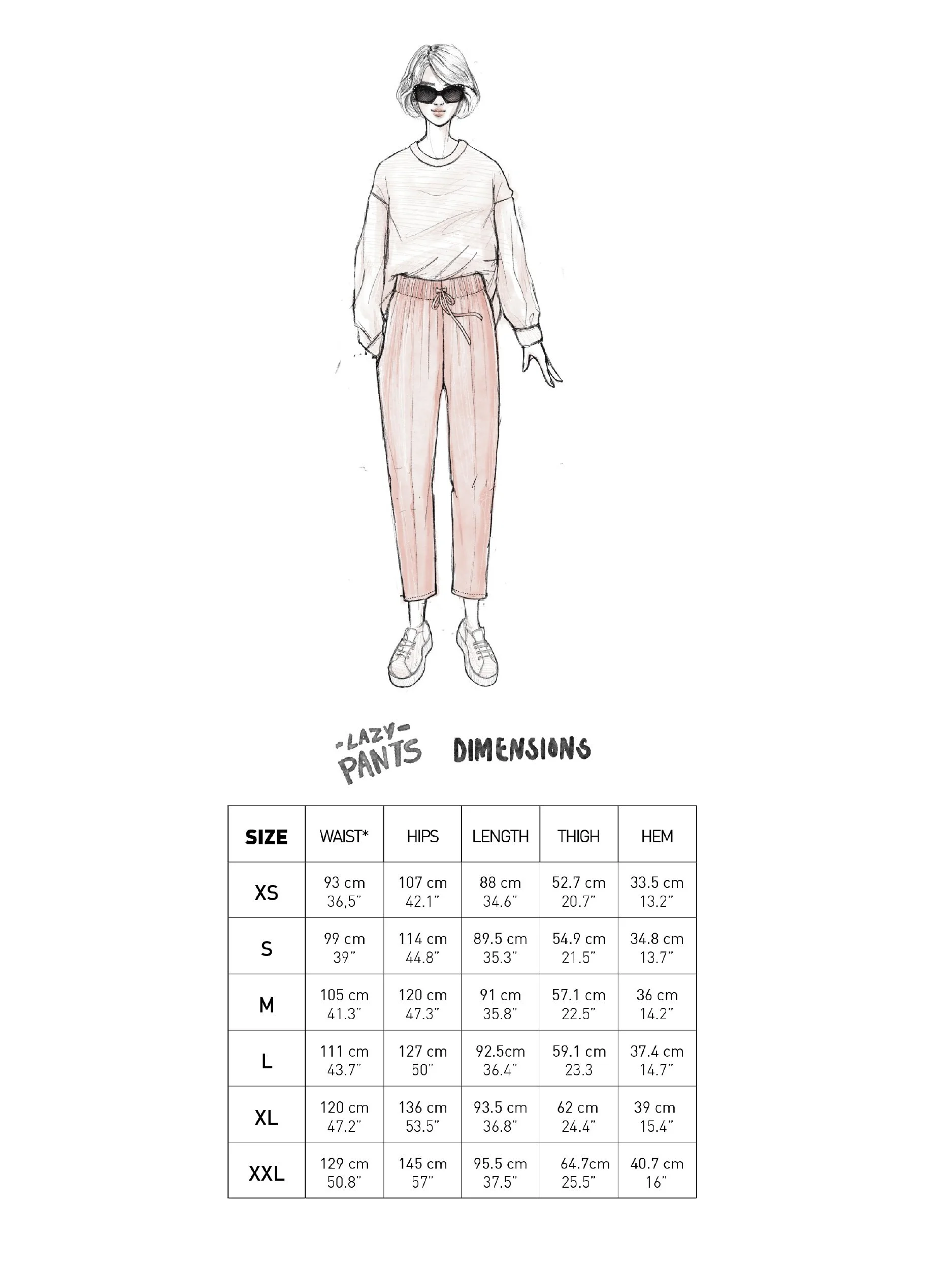 Lazy pants garment dimensions table and illustration