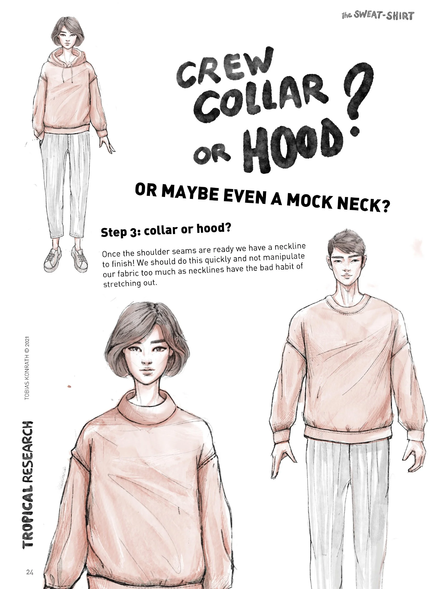Sweatshirt collar finish illustration: crew/mock/hood