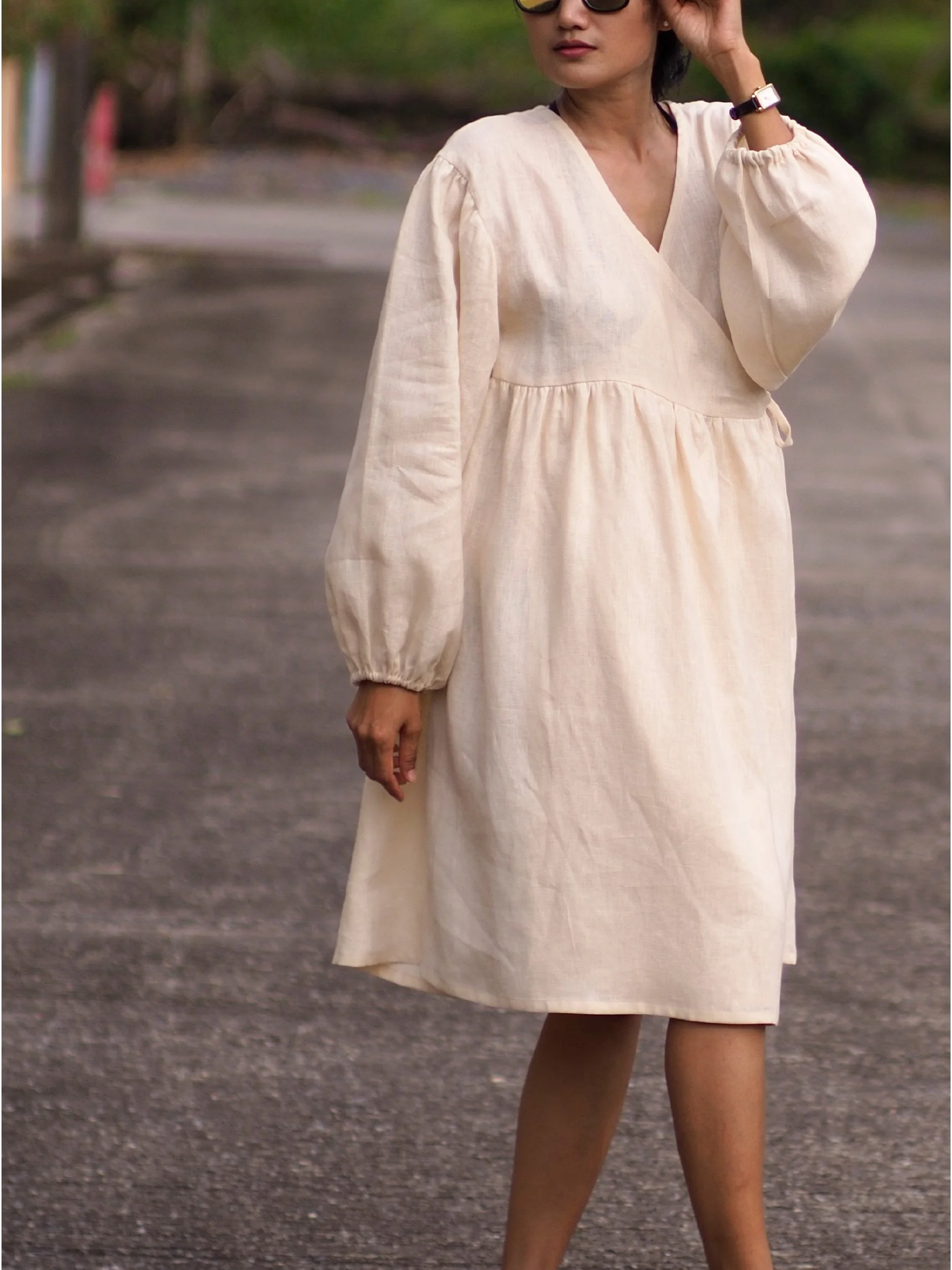 beige lazy wrap dress with long sleeves