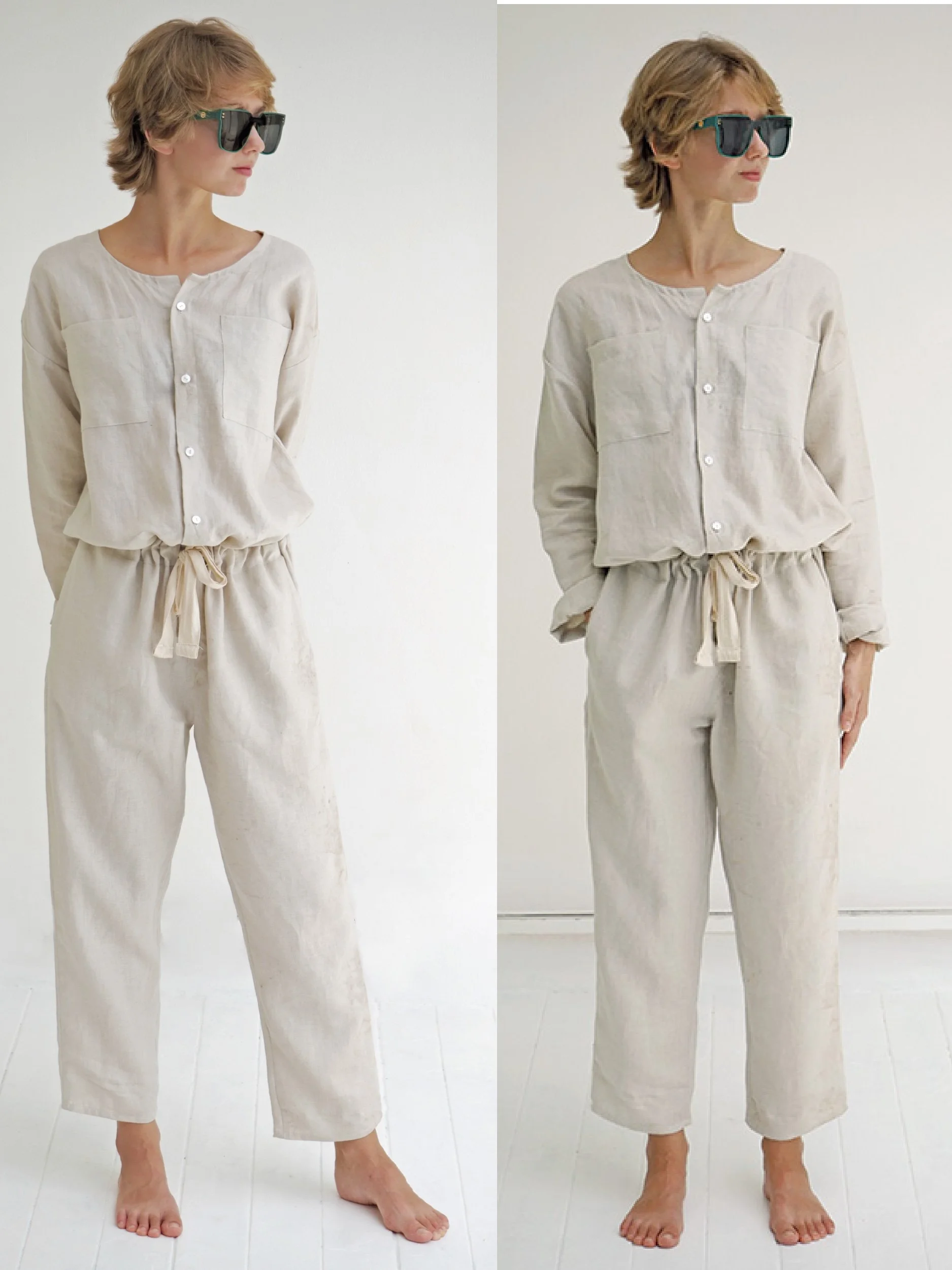 lazy jumpsuit front view button placket and drawstring waist