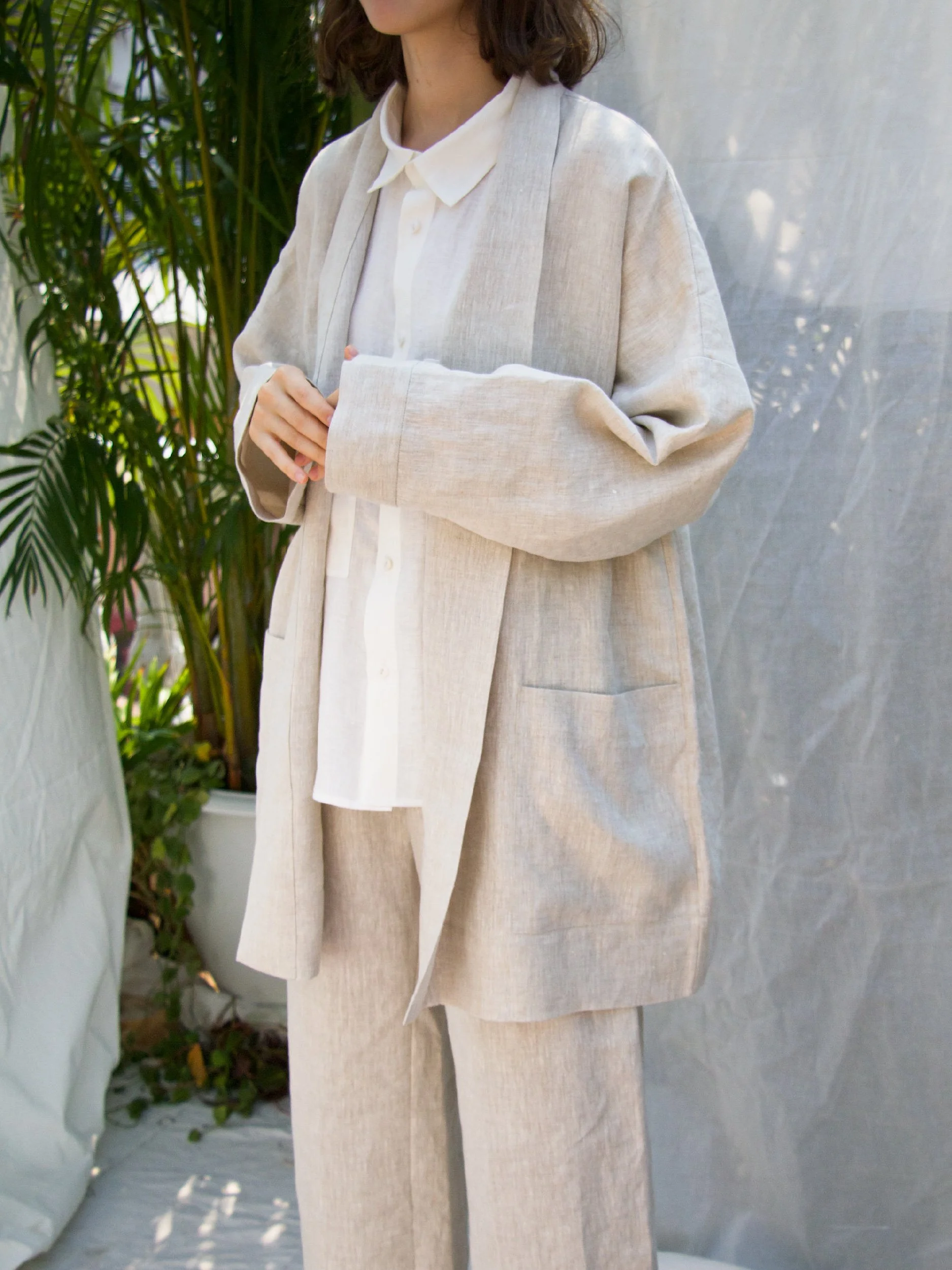 minimalist cardigan linen version sleeve close up  view