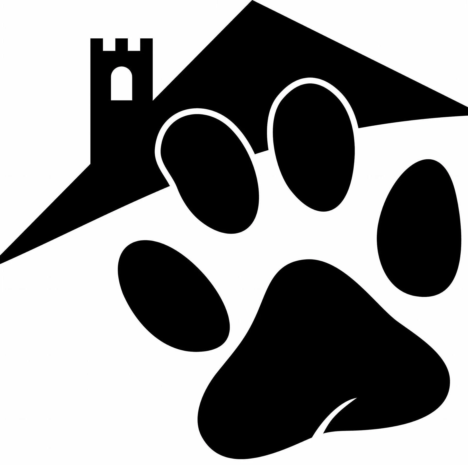 Black and white abstract illustration of a house with a tower, and a dog with floppy ears.