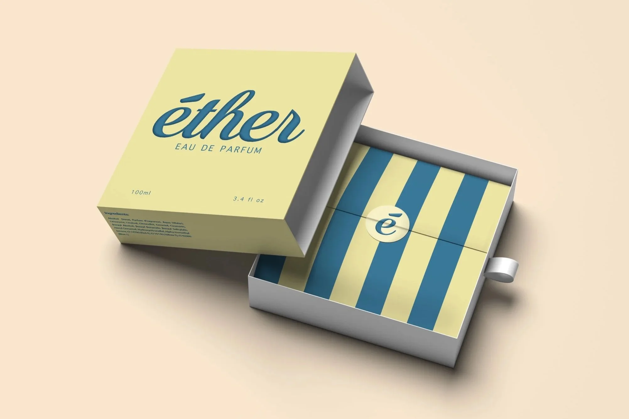 A perfume box labeled 'ether Eau de Parfum' with a yellow and blue striped interior design and a floating 'e' symbol in the center.