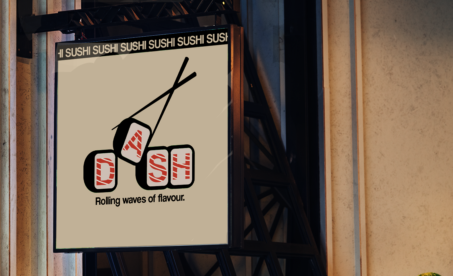 A restaurant sign featuring the word "SUSHI" repeated at the top, a graphic of a hanging sushi roll, and the words "DASH" with the trending phrase "Rolling waves of flavor." underneath.