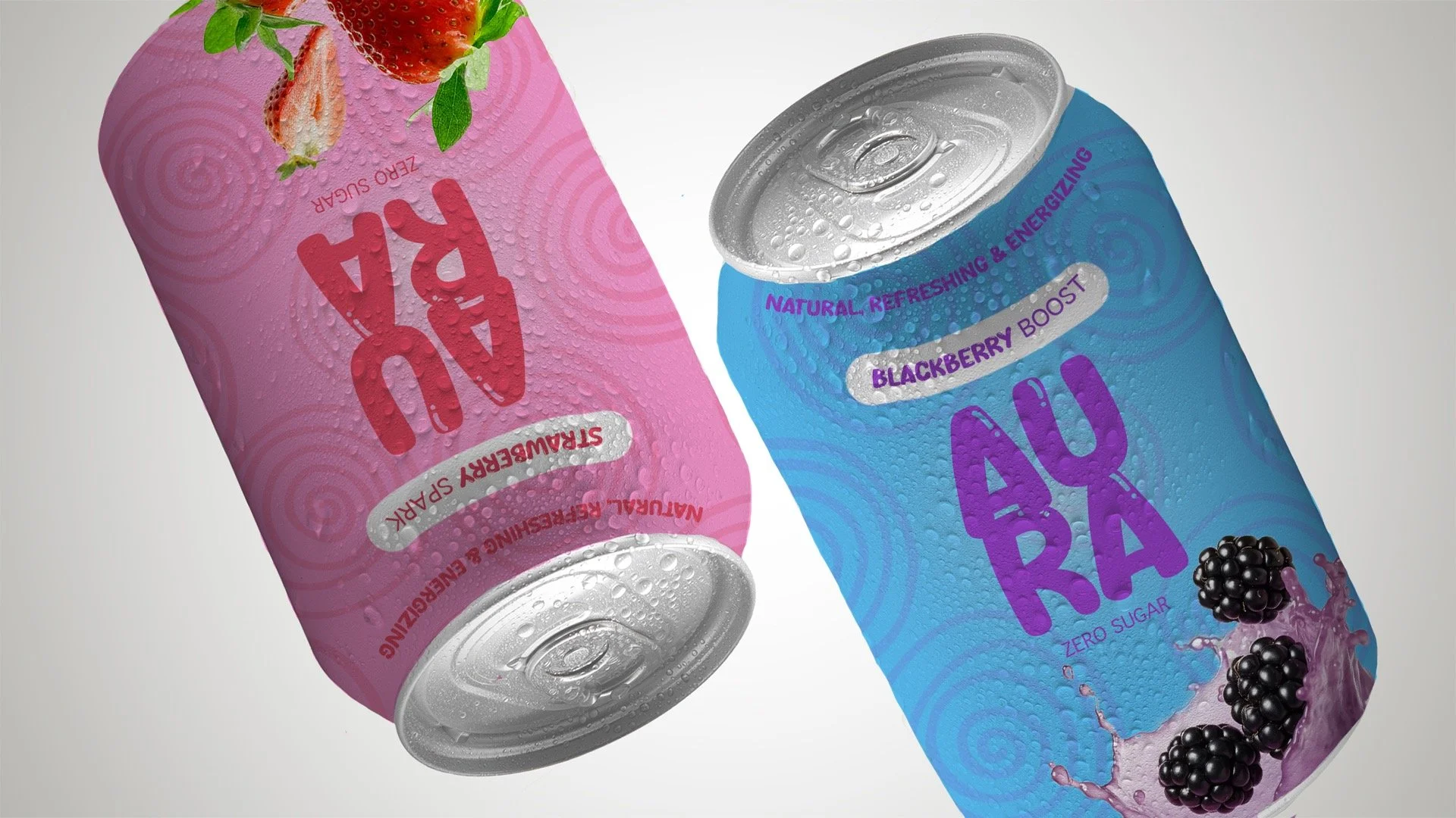 Two cans of ARA Zero Sugar Blackberry Boost flavored sparkling water, one pink and one blue, with blackberry illustrations and condensation on the cans.