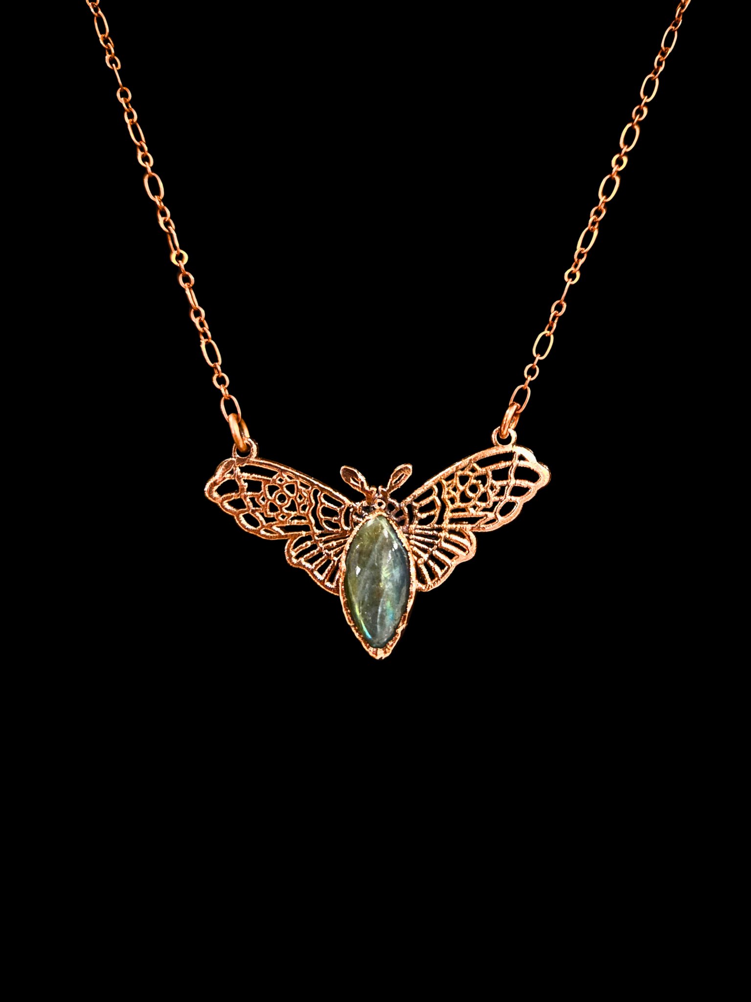 Labradorite Black Witch Moth Necklace — Copper Electroformed