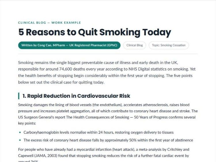 5 Reasons to Quit Smoking Today clinical blog example by a UK pharmacist
