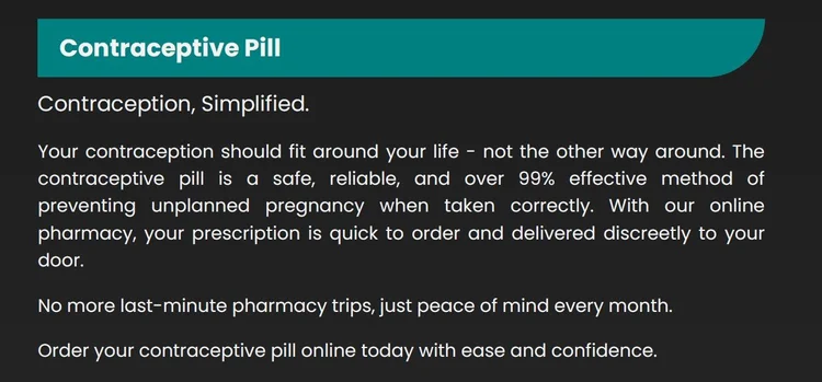 Contraception and Period Pain website copy example by a UK pharmacist